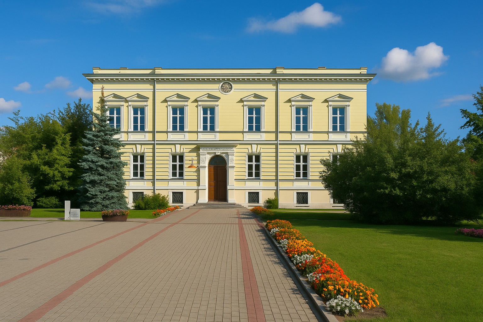 Stadtmarkt in Nowy Tomyśl in Polen mit dem Rathaus im Hintergrund, bei bestem Sonnenschein mit malerischen Wolken, flankiert von Blumenrabatten und Grünanlagen.