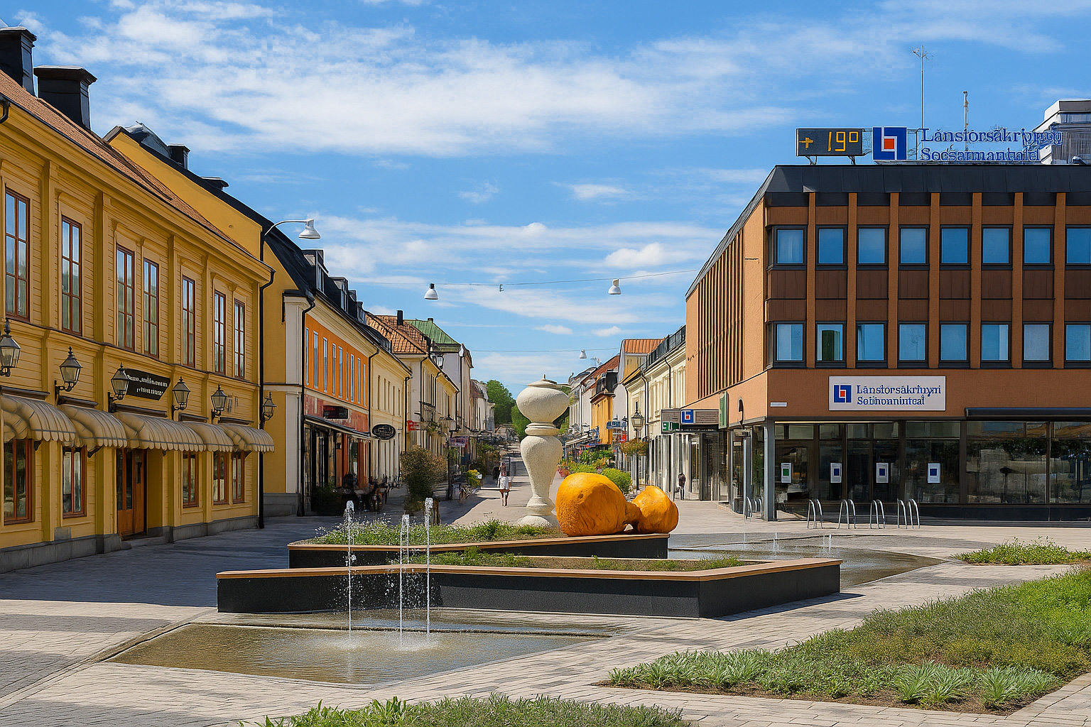 Fußgängerzone Västra Storgatan in Nyköping mit historischen Gebäuden, Springbrunnen und Skulpturen unter einem Himmel mit Zirrus- und Kumuluswolken.