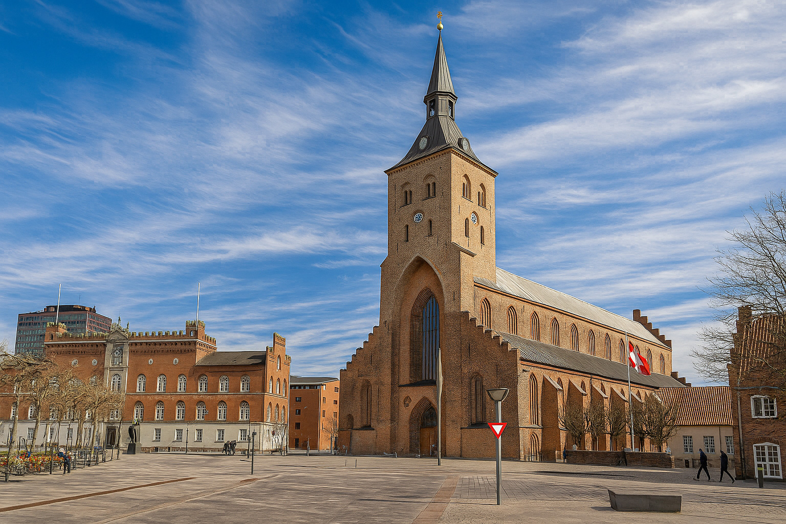 Blick auf die St. Knuds Kirche in Odense mit roter Backsteinfassade, Turm und dänischer Flagge unter einem Himmel mit Zirrus- und Kumuluswolken.