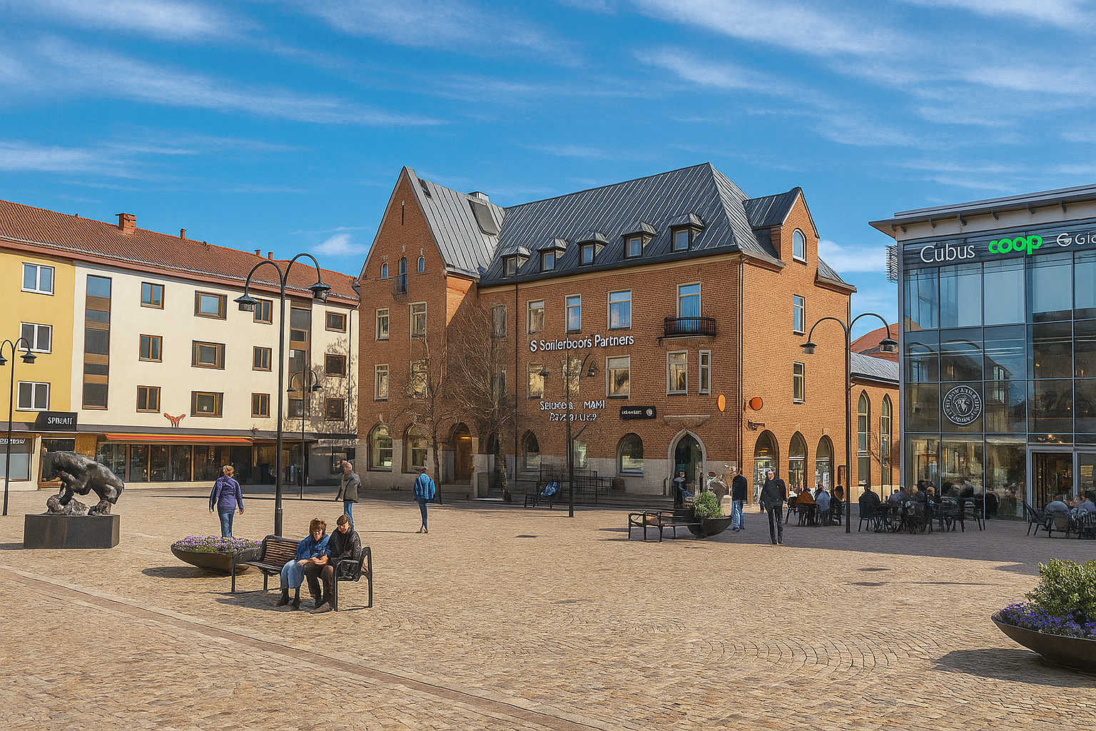 Hauptplatz in Örnsköldsvik mit rotem Backsteingebäude, moderner Glasfassade, Spaziergängern und belebtem Straßencafé unter blauem Himmel mit weißen Wolken.