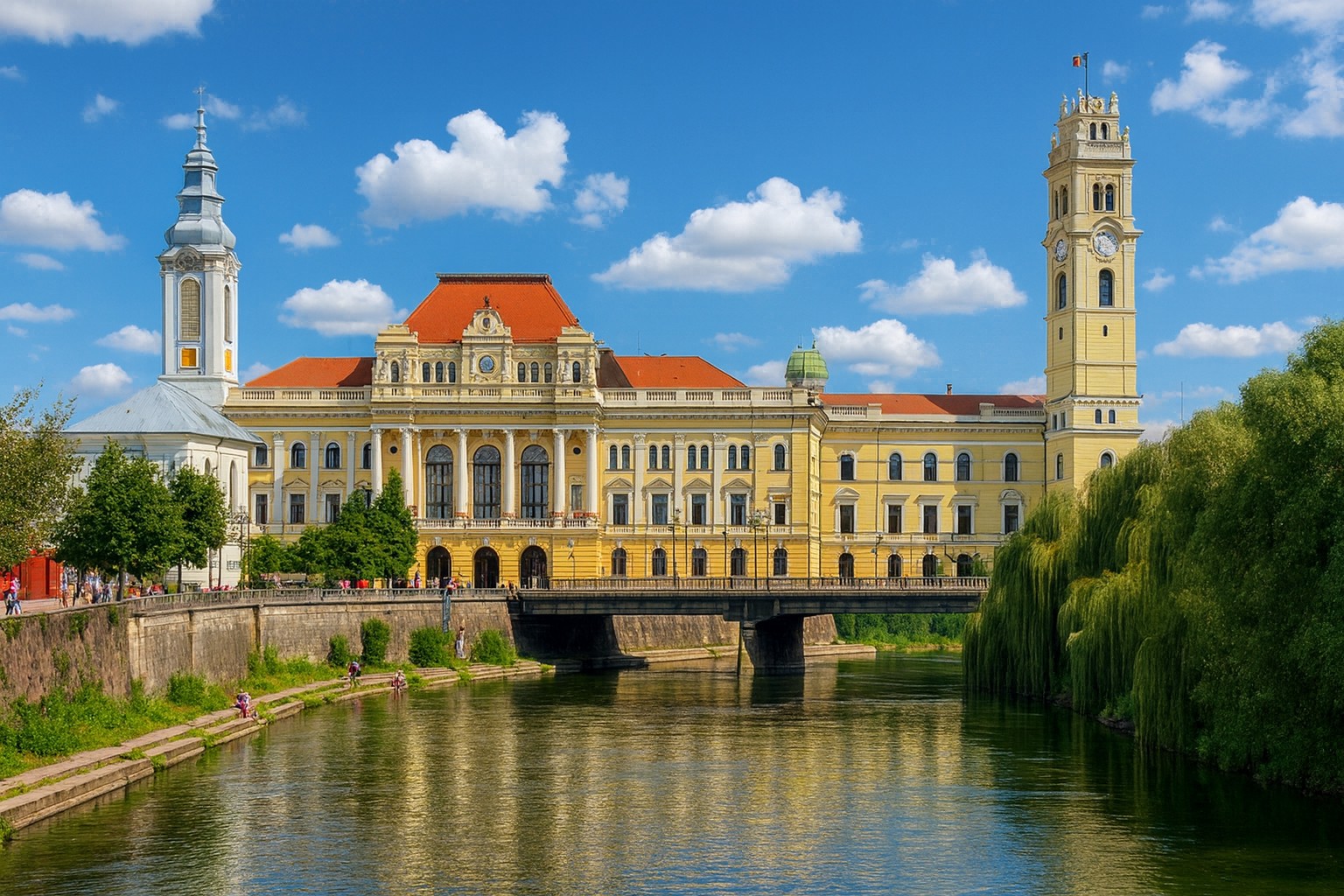 Rathaus von Oradea mit Uhrturm und Moon Church am Fluss, Blick über die Brücke und Ufer mit Weiden.