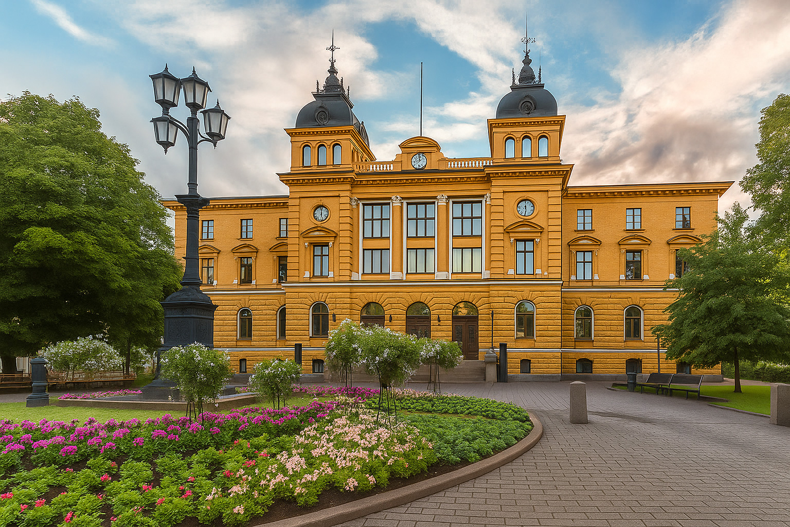 Rathaus von Oulu mit gelber Fassade, Zwillingstürmen und blühendem Garten im Vordergrund unter blauem Himmel mit weißen Wolken.