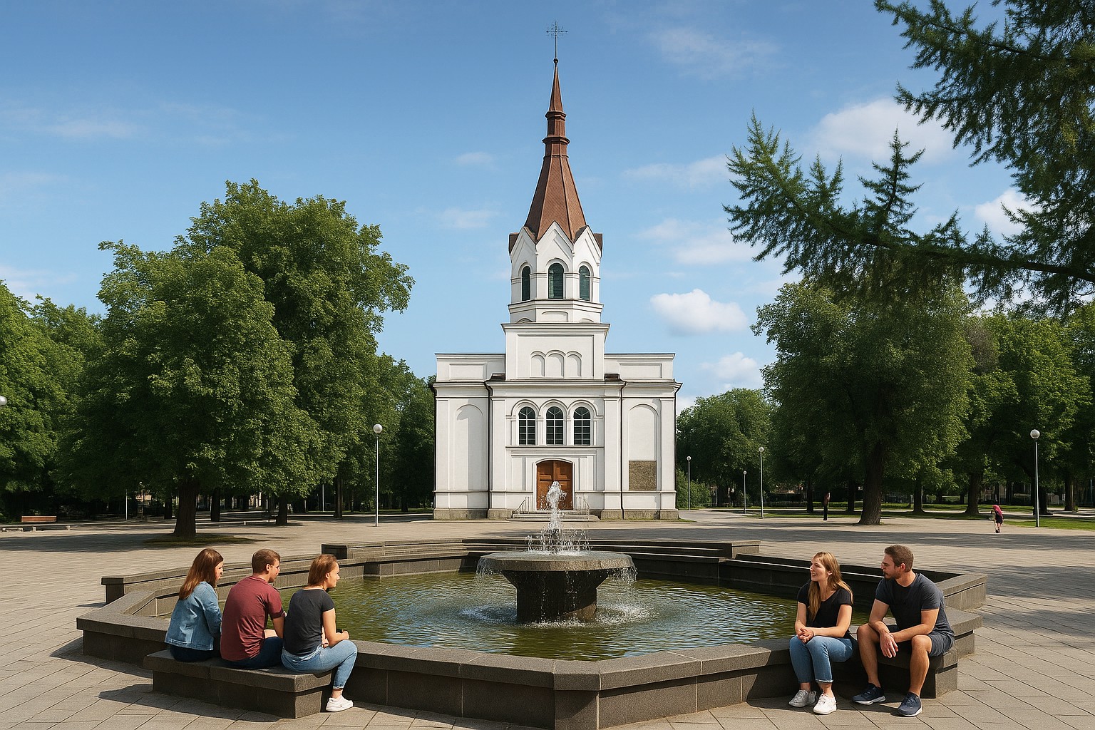 Artikel-Bild Alt-Tag: Dreifaltigkeitskirche in Panevėžys bei klarem Tageslicht mit blauem Himmel, mehrere Personen sitzen am Brunnen vor der Kirche.