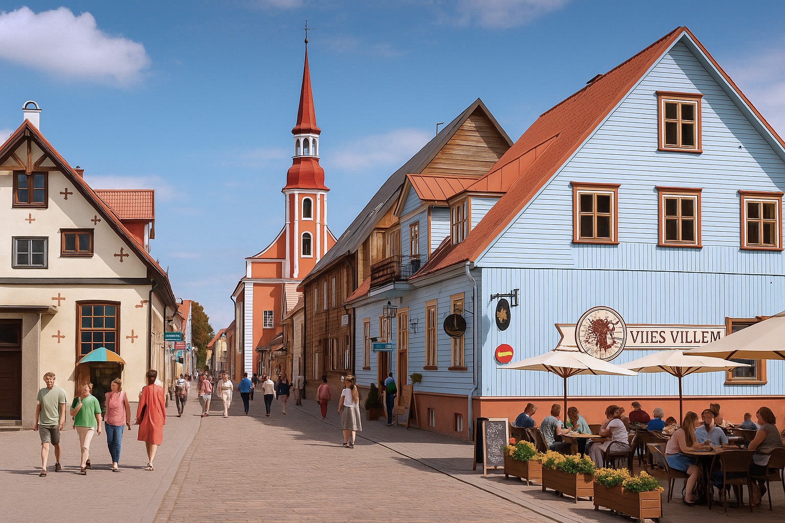 Historisches Straßenbild in Pärnu, Estland – bunte Holzhäuser, Kirche im Hintergrund, Fußgängerzone mit Straßencafé und Passanten.