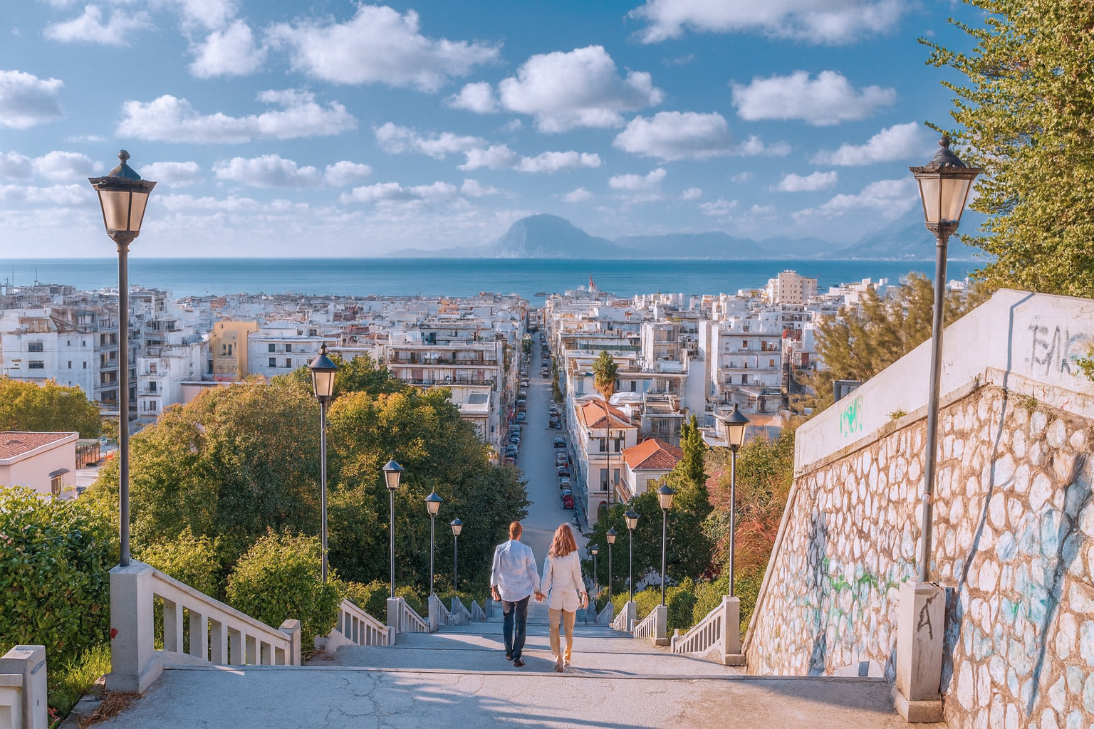 Die St. Nicholas Treppe in Patras, Griechenland, mit Blick auf die Stadt und das Meer unter malerischen weiß-grauen Wolken im besten Sonnenlicht, ein Paar geht die Treppe hinunter.