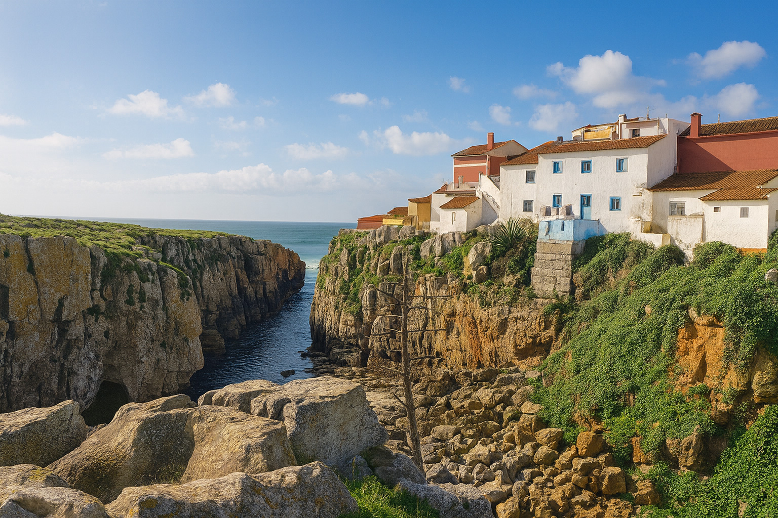 Küstenbucht in Peniche mit steilen Felsen, weißen Häusern auf der Klippe und dem Atlantik im Hintergrund bei klarem Sonnenlicht und malerischen weiß-grauen Wolken.