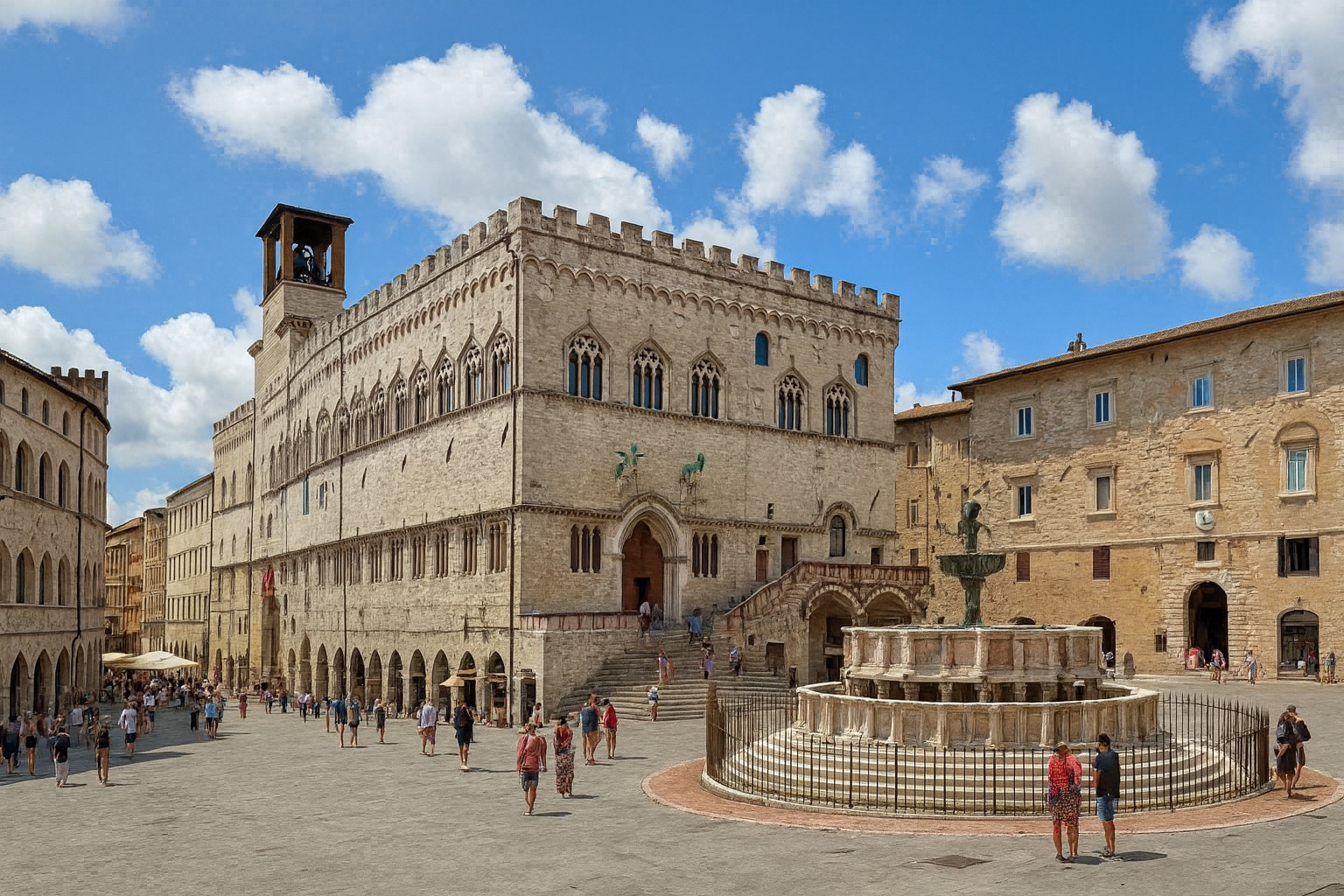 Piazza IV Novembre in Perugia mit dem Dom und dem Palazzo dei Priori unter malerischen weiß-grauen Wolken und sonnigem Himmel.