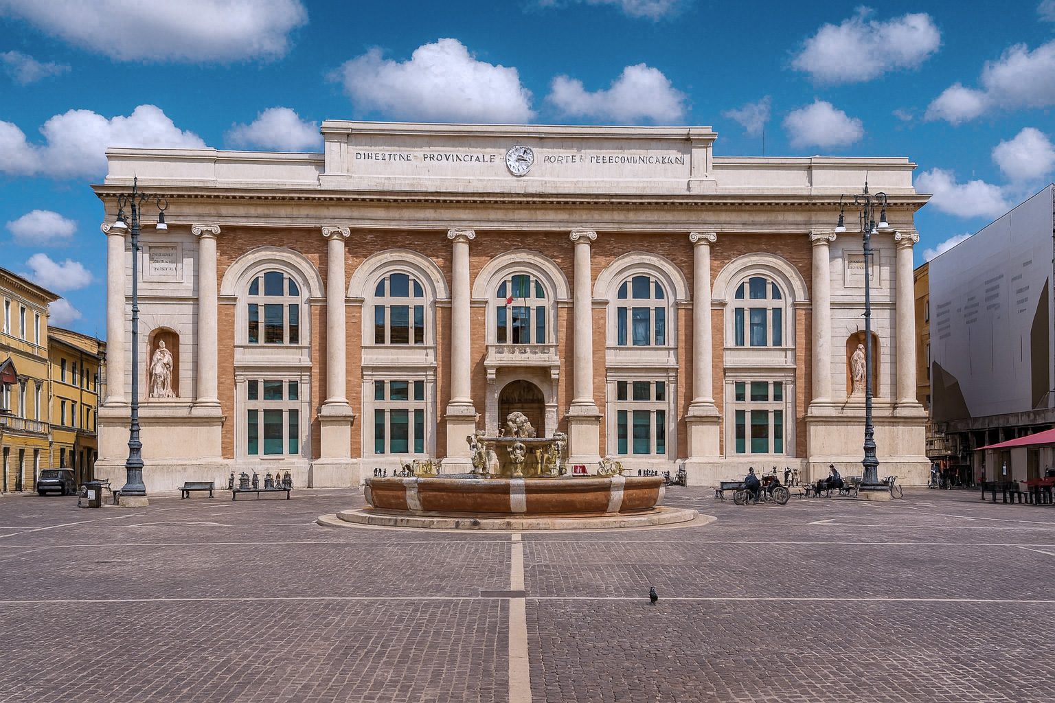 Das historische Postamt an der Piazza del Popolo in Pesaro, Italien, mit Brunnen im Vordergrund unter malerischen weiß-grauen Wolken im besten Sonnenlicht.