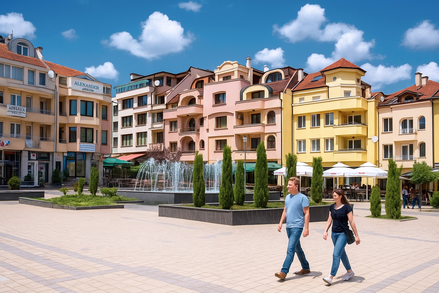 Panorama vom Hauptplatz in Petritsch mit bunten Wohnhäusern, kleiner Springbrunnenanlage, Zypressen, Straßencafés mit Sonnenschirmen und Spaziergängern unter weiß-blauem Himmel mit Wolken.