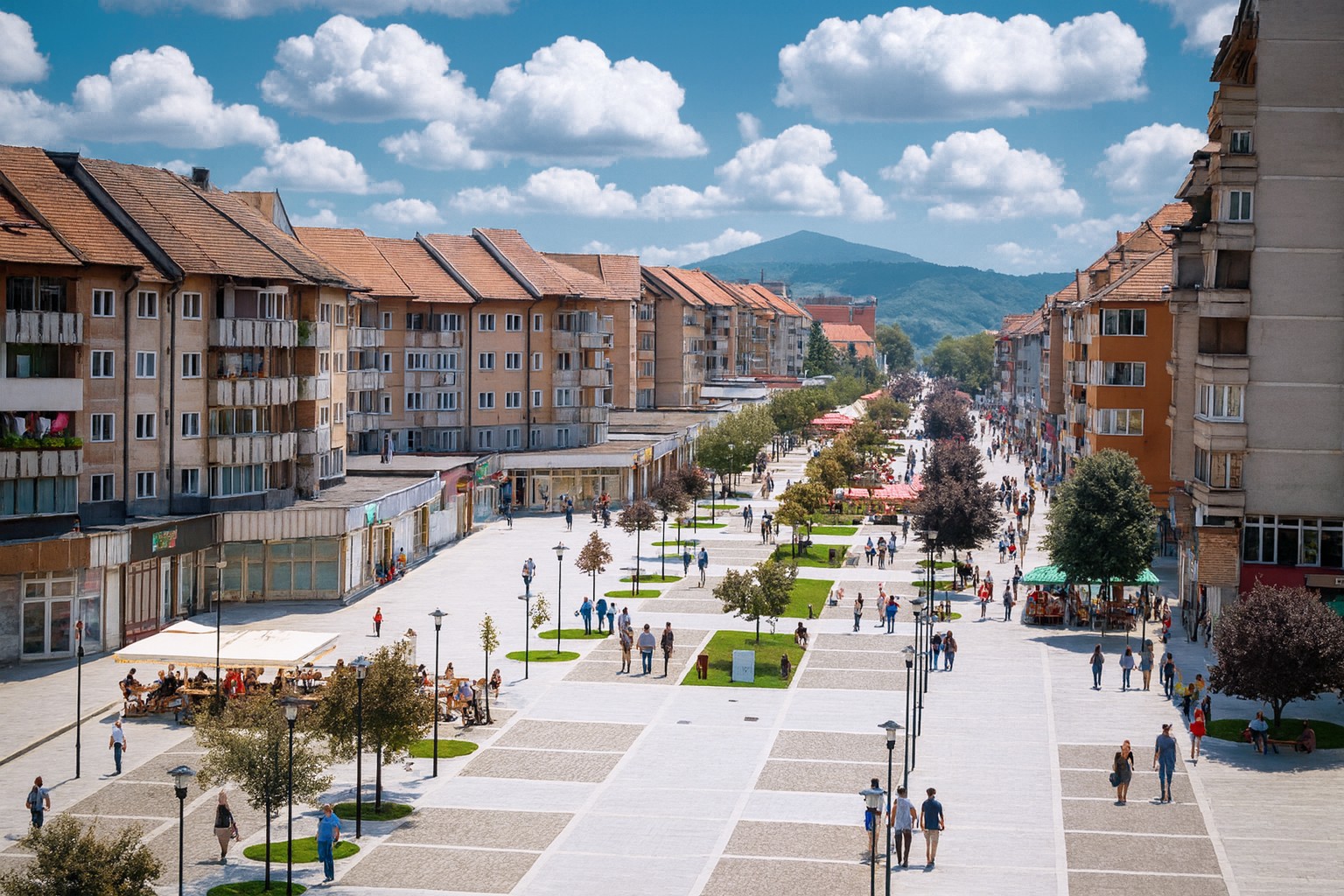 Straße des 1. Dezember 1918 in Petroșani mit belebter Fußgängerzone, Cafés, Bäumen und Plätzen, bei bestem Tageslicht und blauem Himmel mit großen weißen Wolken.