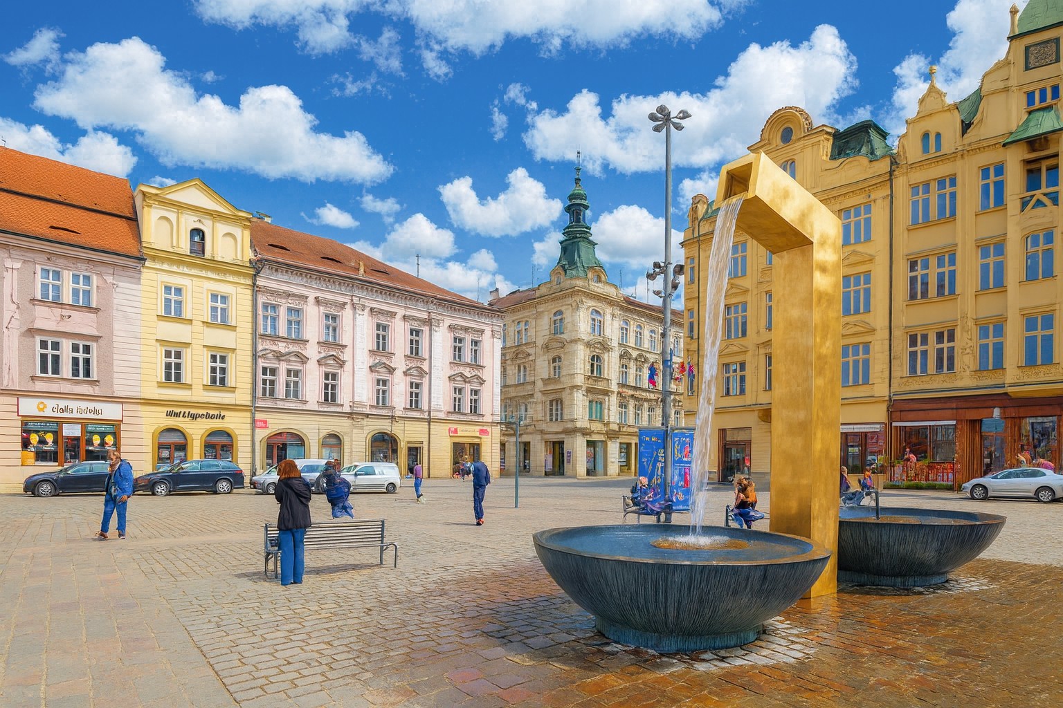 Zlatá kašna Brunnen auf dem Marktplatz von Pilsen in Tschechien, umgeben von historischen Gebäuden, bei strahlender Mittagssonne mit malerischen weißen Wolken.