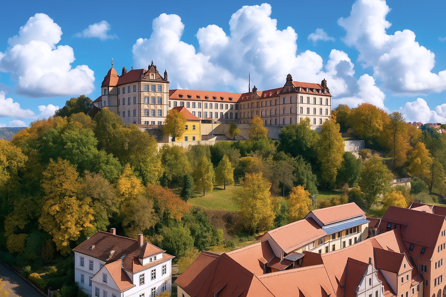 Stadtschloss von Pirna in Sachsen auf einem Berg, umgeben von herbstlichen Bäumen, bei strahlender Mittagssonne mit malerischen weißen Wolken am blauen Himmel.