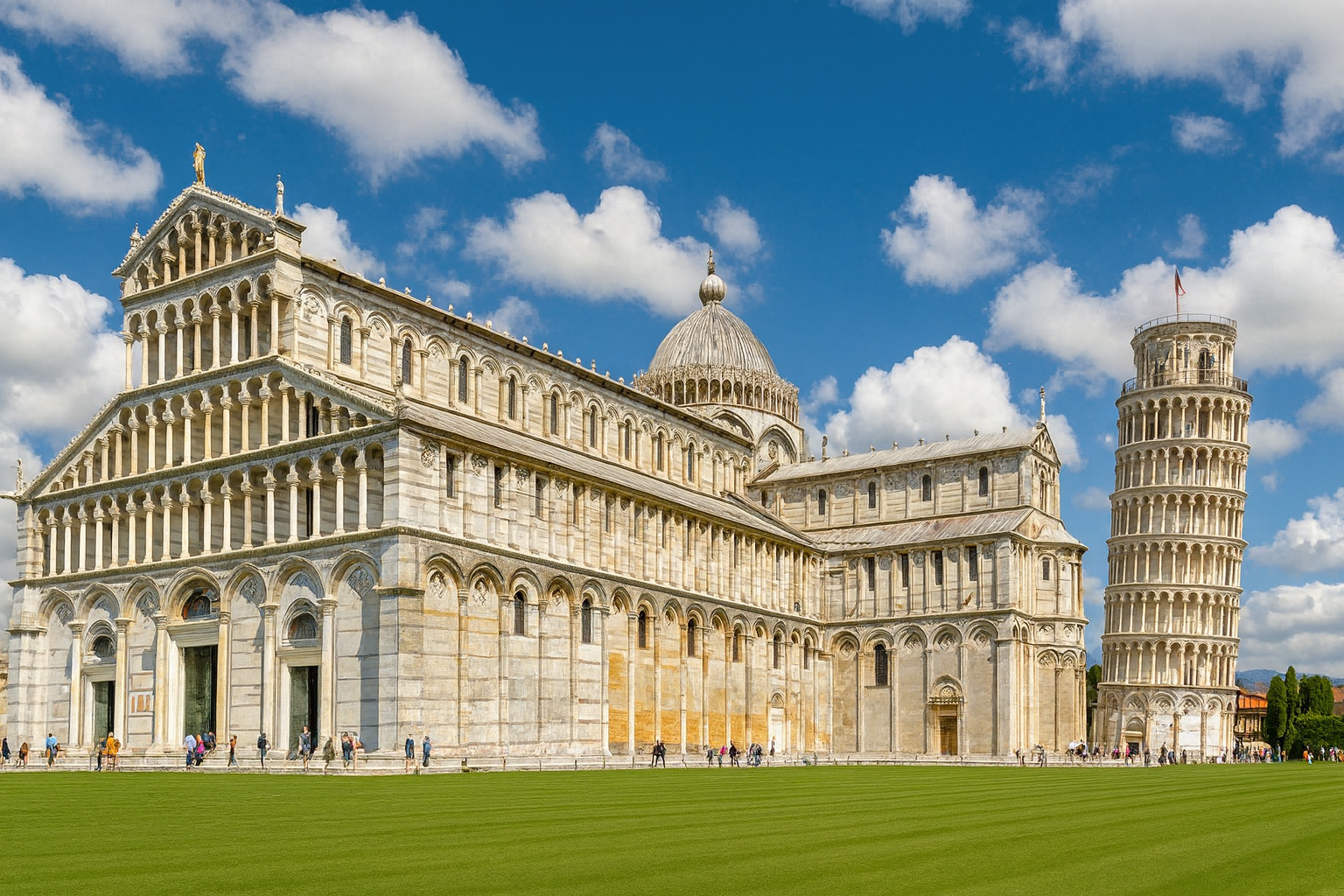 Dom Santa Maria Assunta und der schiefe Turm von Pisa auf der Piazza dei Miracoli unter malerischen weiß-grauen Wolken im Sonnenschein.