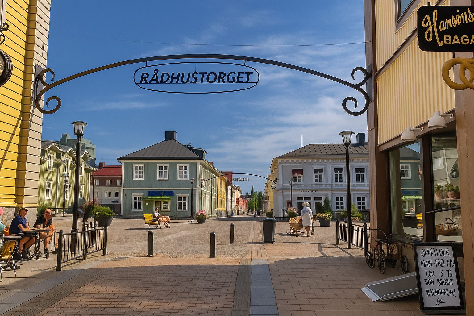 Rådhustorget Platz in Piteå mit bunten Holzhäusern, Straßencafé und Passanten unter blauem Himmel mit weißen Wolken.