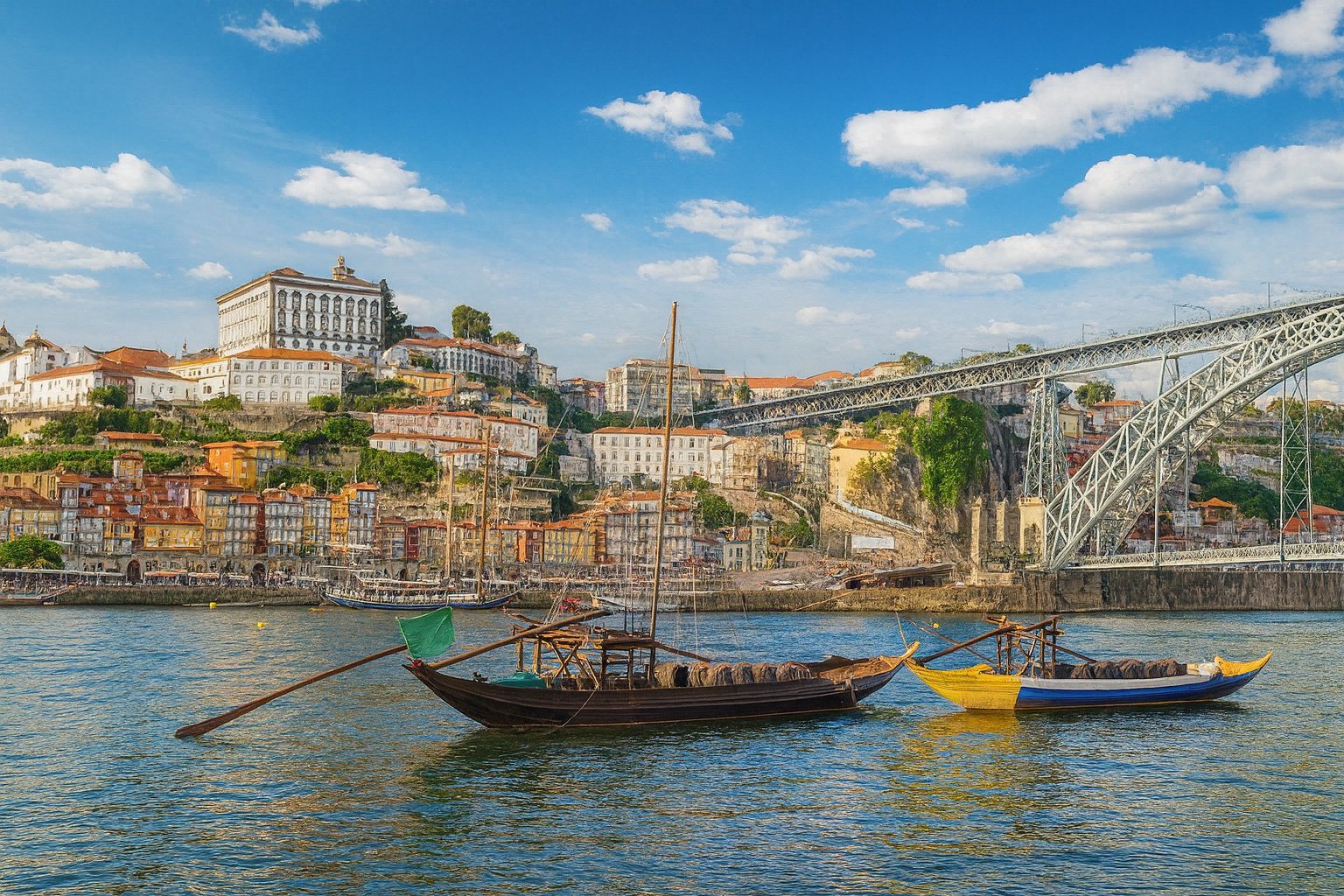 Panoramaaufnahme von Porto mit Blick auf den Douro-Fluss, traditionellen Booten und der Arrábida-Brücke im Hintergrund bei klarem Sonnenlicht und malerischen weiß-grauen Wolken.