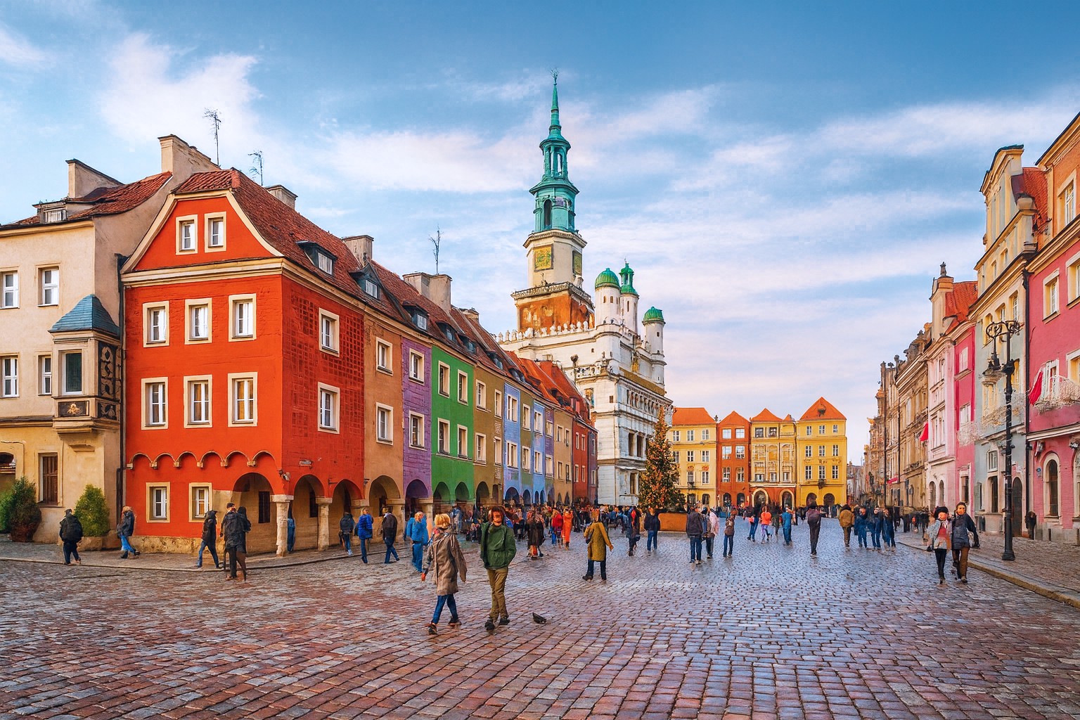 Stary Rynek Platz in Posen in Polen mit dem historischen Rathaus in der Bildmitte, bei bestem Sonnenschein mit malerischen Wolken, belebter Platz mit Spaziergängern.