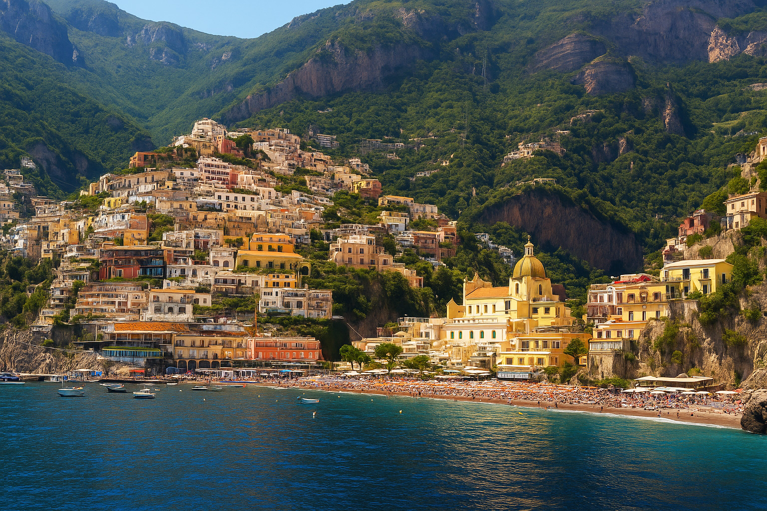 Panorama von Positano an der Amalfiküste mit farbenfrohen Häusern am Berghang, der Kirche Santa Maria Assunta und dem tiefblauen Meer unter klarem Himmel im besten Sonnenlicht.