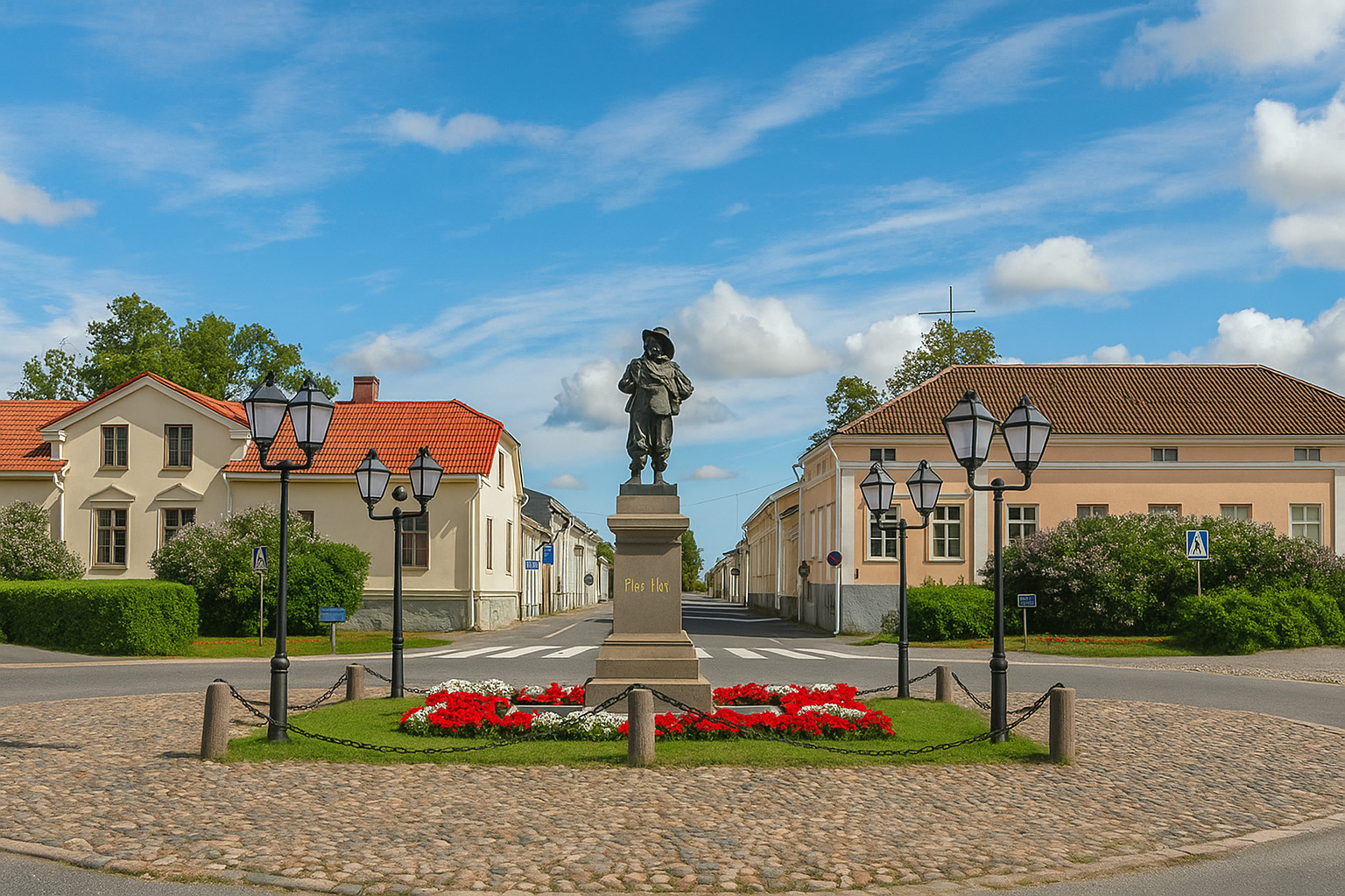 Pekkatori Platz in der Altstadt von Raahe mit der Bronzestatue in der Platzmitte, umgeben von historischen Häusern und blühenden Beeten unter blauem Himmel mit weißen Wolken.