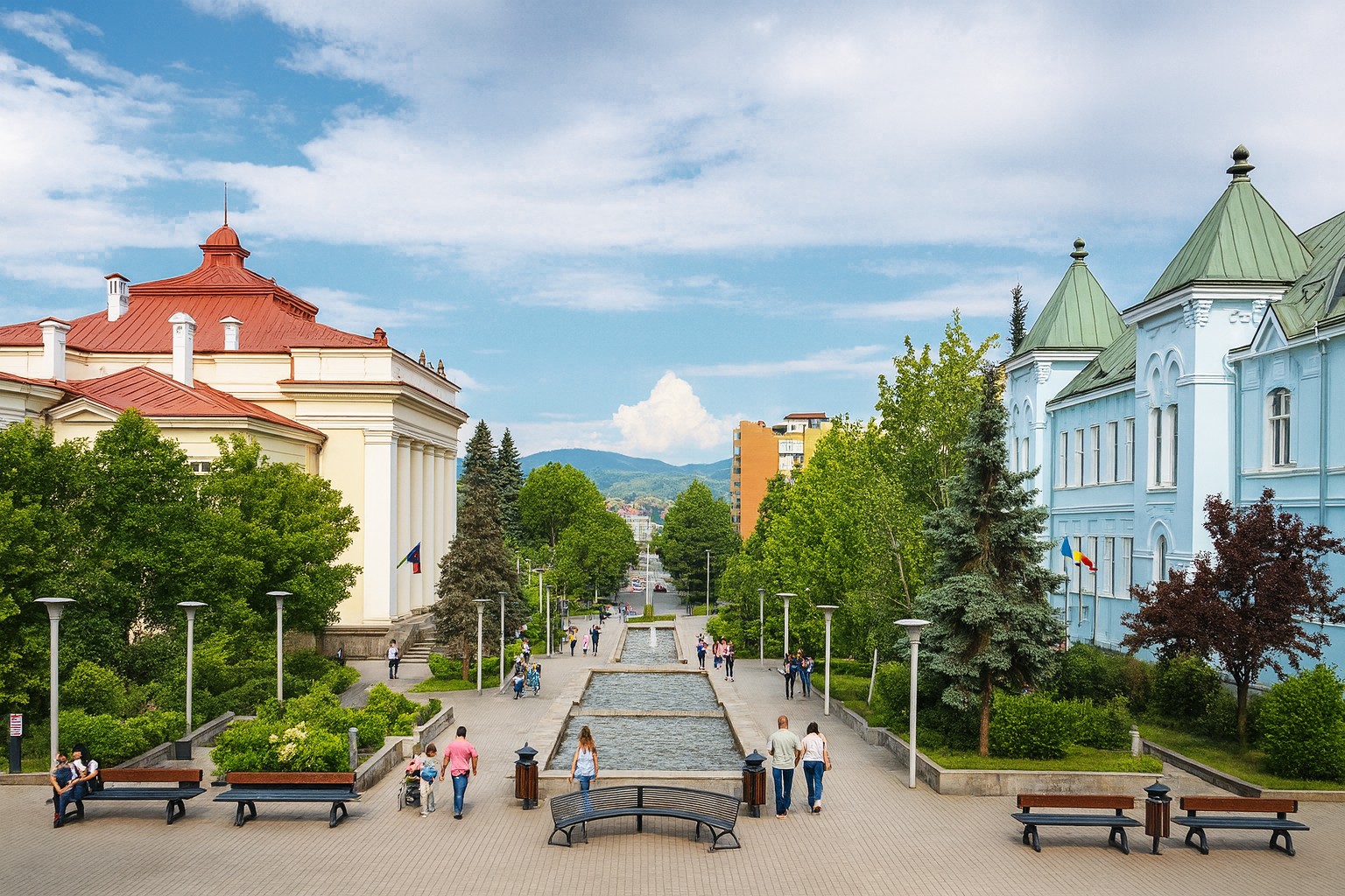 Fußgängerzone im Zentrum von Râmnicu Vâlcea mit Springbrunnen, historischen Gebäuden und Spaziergängern bei sonnigem Himmel.