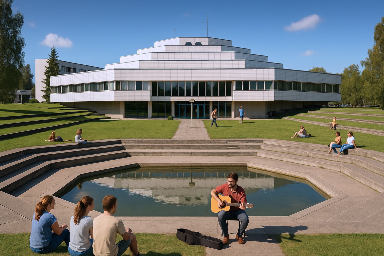 Modernistisches KEK-Gebäude in Rapla, Estland – Gitarrenspieler tritt auf, Zuhörer lauschen, Menschen entspannen in der Sonne.
