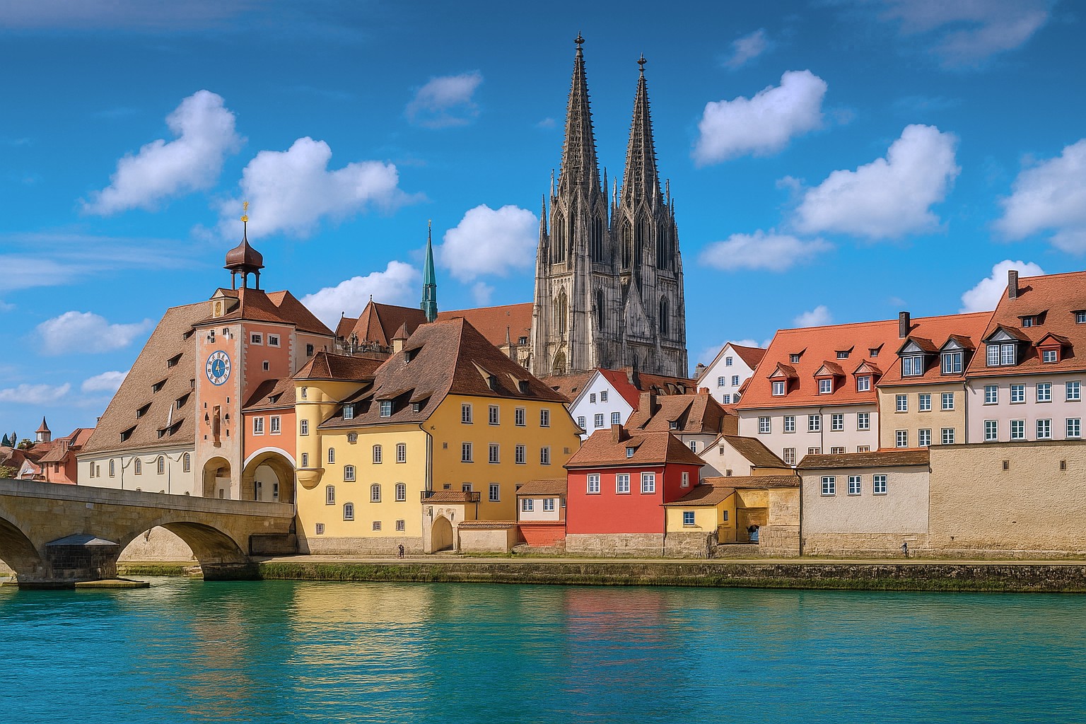 Altstadt von Regensburg mit dem Dom St. Peter im Hintergrund und der Steinernen Brücke über die Donau, bei strahlender Mittagssonne mit klarem blauem Wasser und malerischen weißen Wolken.