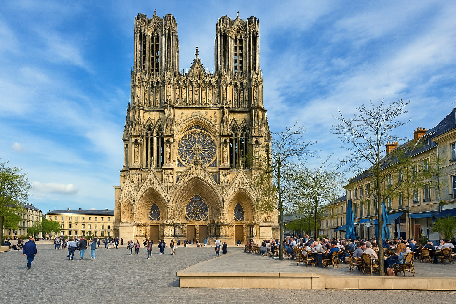 Belebter Stadtplatz Place du Parvis in Reims mit der Kathedrale Notre-Dame im Hintergrund unter einem Himmel mit Zirrus- und Cumuluswolken bei Sonnenlicht.