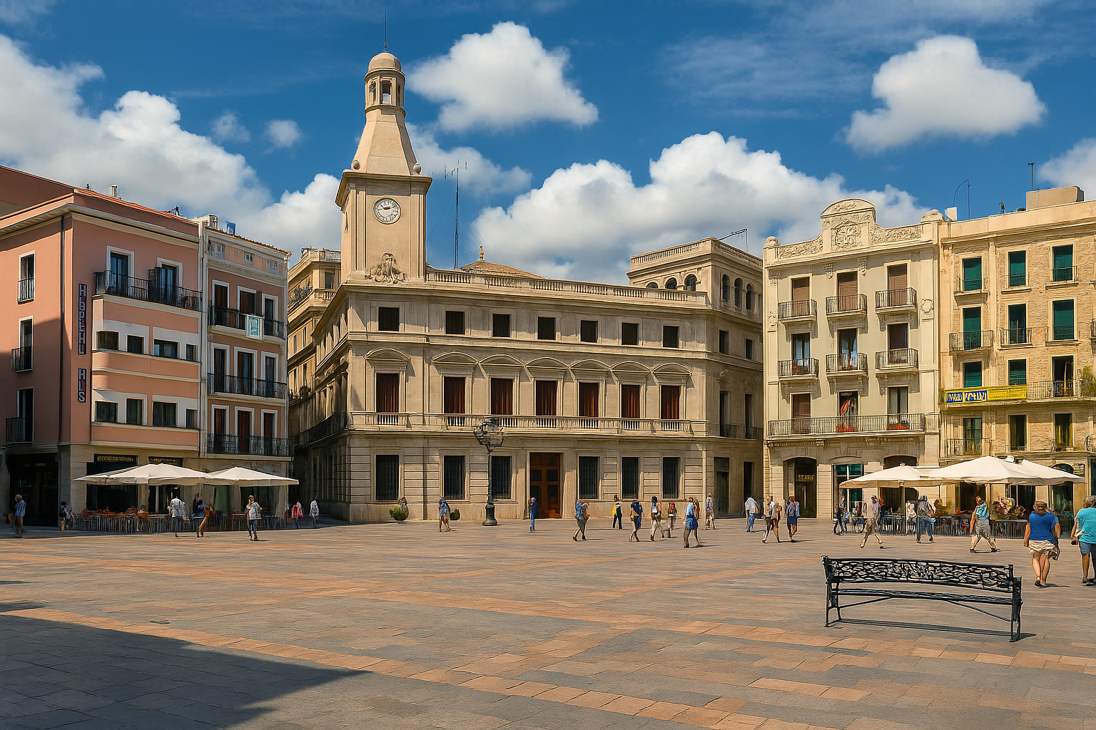 Plaça del Mercadal in Reus mit dem Rathaus und historischen Gebäuden unter malerischen weiß-grauen Wolken im warmen Sonnenlicht.