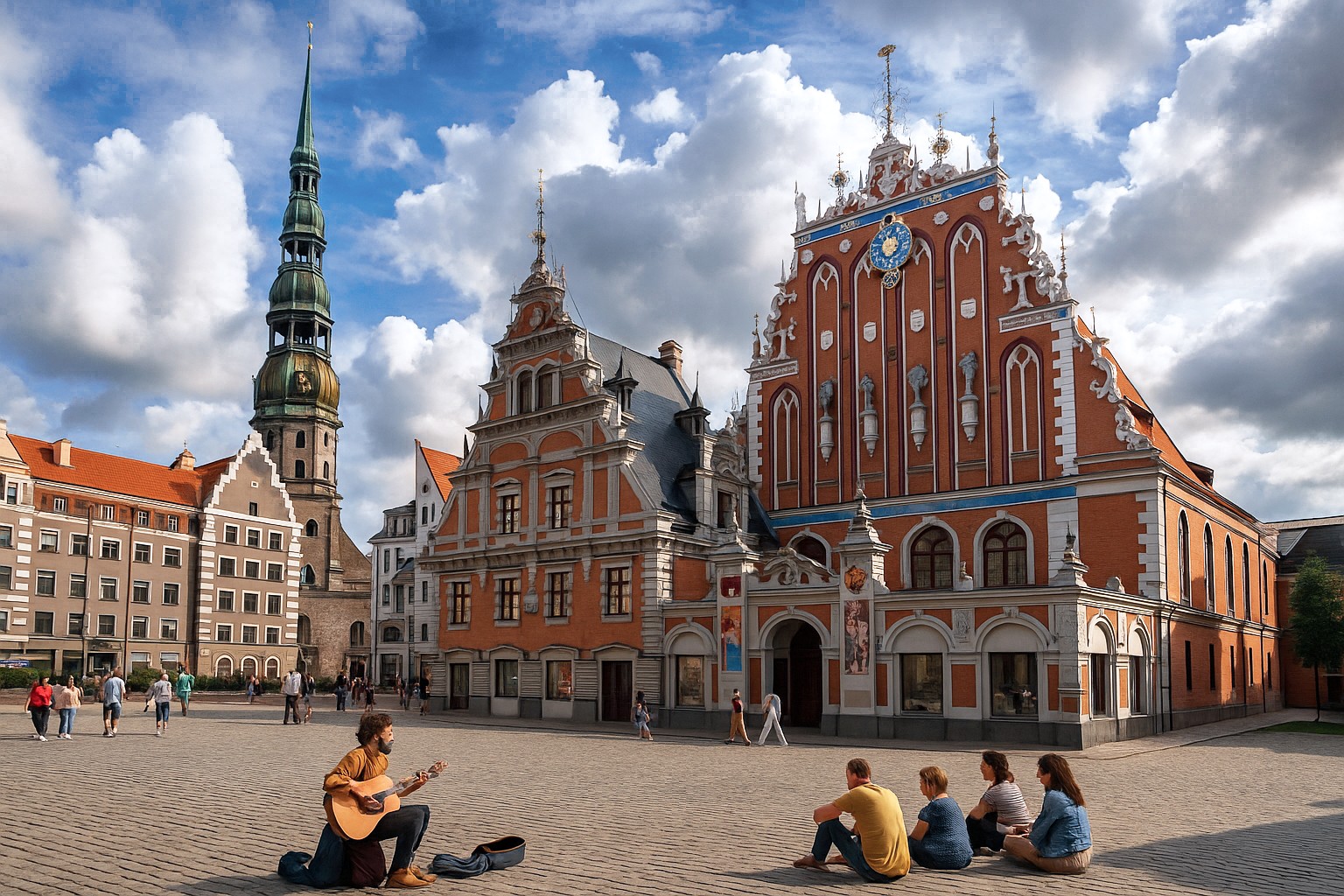 Rathausplatz in Riga mit Schwarzhäupterhaus und St.-Petri-Kirche – Straßenmusiker mit Gitarre und Zuhörer in malerischer Wolkenstimmung.