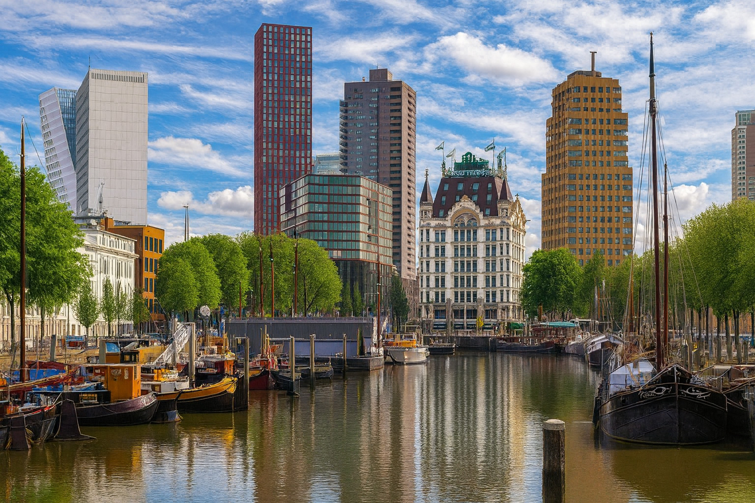 Panorama der Skyline von Rotterdam am Hafen mit modernen Hochhäusern, historischen Schiffen und einem Himmel voller Zirrus- und Cumuluswolken.