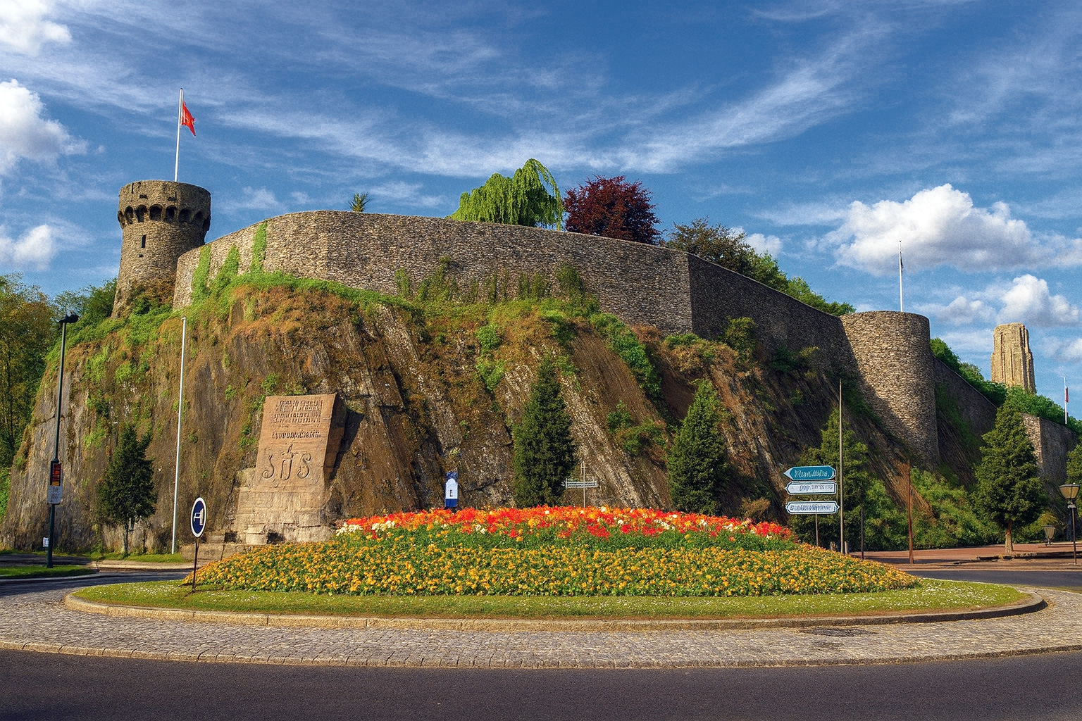 Panorama der Burg in Saint-Lô auf einem Felsen mit Steinmauern und Rundturm über einem Blumenrondell bei Sonnenlicht unter einem Himmel mit Zirrus- und Cumuluswolken.