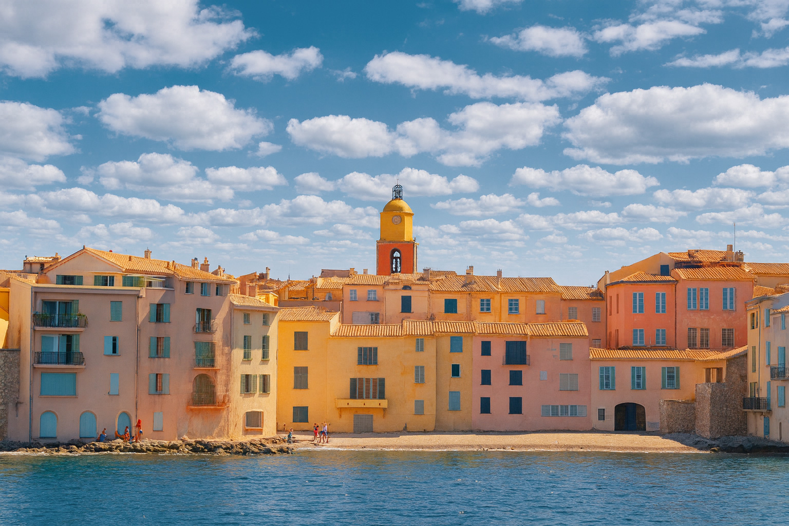 Panorama der Altstadt von Saint-Tropez mit pastellfarbenen Häusern und Glockenturm unter malerischen weiß-grauen Wolken im besten Sonnenlicht.
