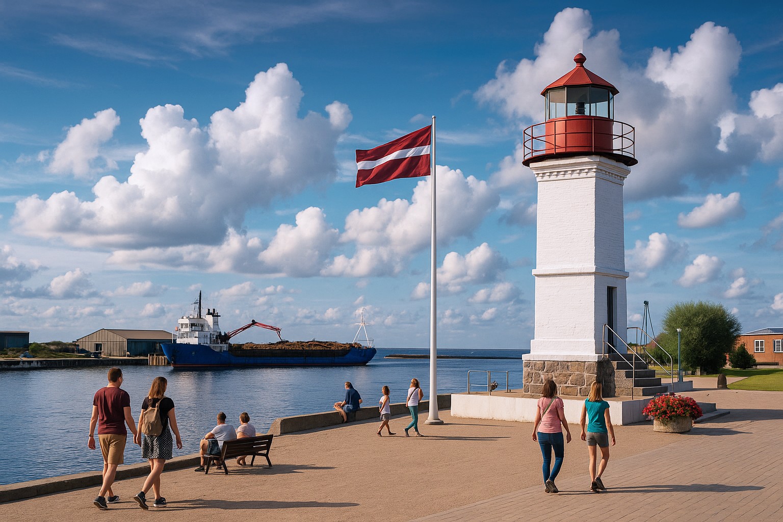 Weißer Leuchtturm von Salacgrīva an der Ostsee – Spaziergänger am Ufer, Menschen ruhen sich aus, lettische Flagge im Wind.