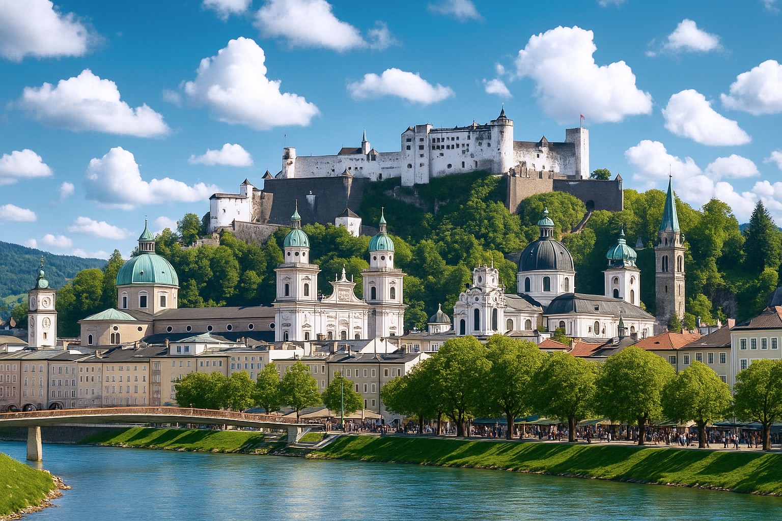 Panorama von Salzburg mit der Festung Hohensalzburg über der barocken Altstadt und der Salzach im Vordergrund, unter blauem Himmel mit weißen Wolken.