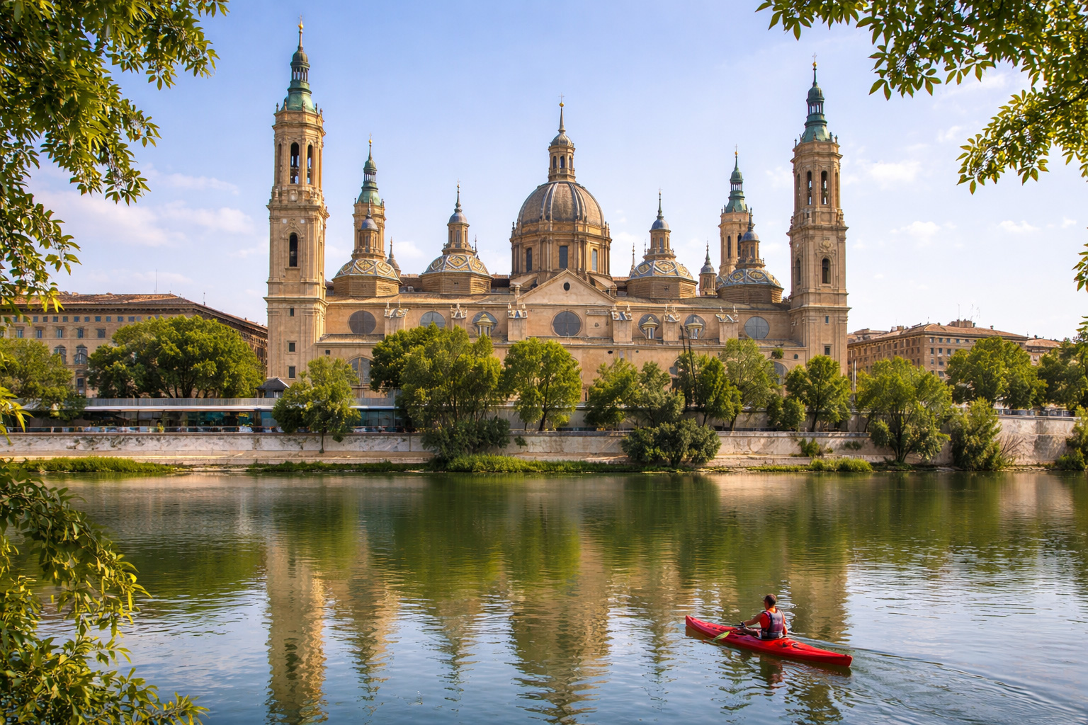 Basílica del Pilar in Saragossa mit Spiegelung im Ebro-Fluss, zwei Kanufahrer auf dem Wasser, unter blauem Himmel mit weißen Wolken bei warmem Sonnenlicht.
