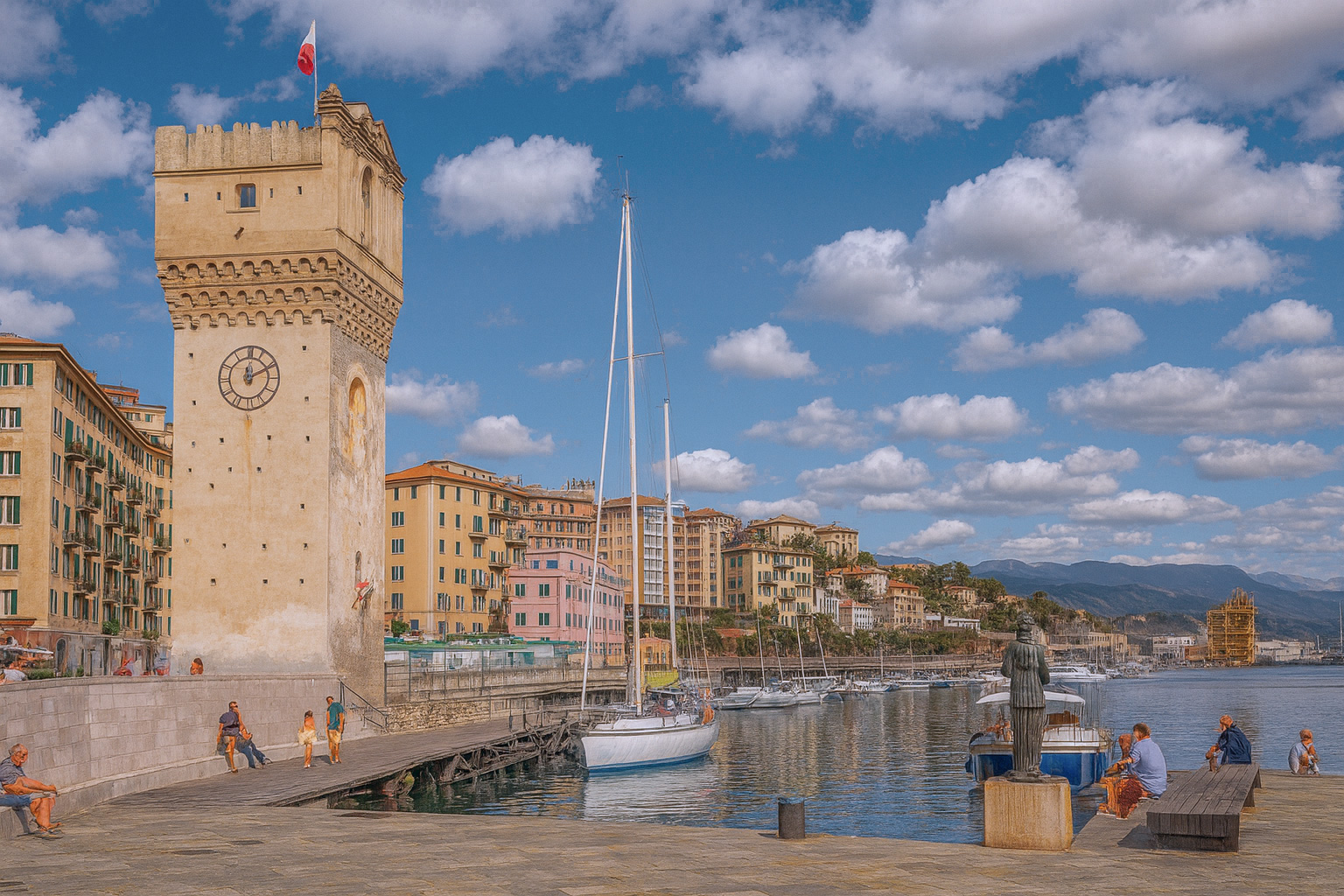 La Torretta Turm im Hafen von Savona mit Spaziergängern, Segelbooten und malerischen weiß-grauen Wolken.