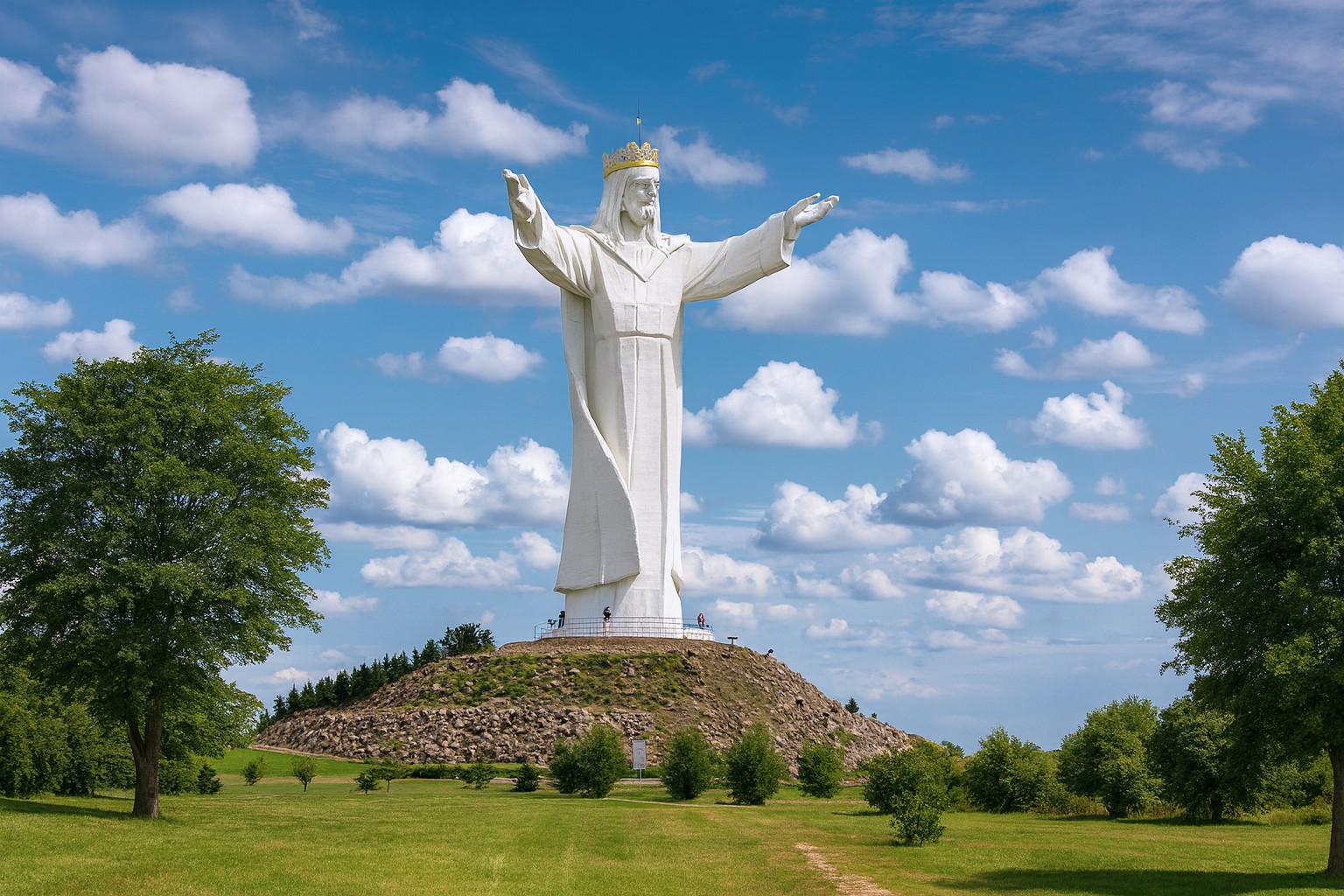 Christusstatue in Świebodzin in Polen mit goldener Krone auf einem Hügel, bei bestem Sonnenschein mit malerischen Wolken, umgeben von grünem Park und Bäumen, kleine Personen an der Statue verdeutlichen die Größenverhältnisse.