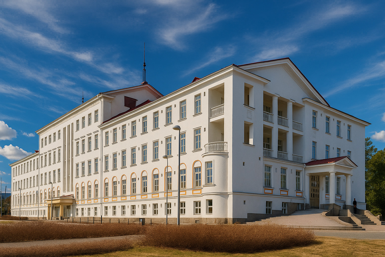 Historisches Universitätsgebäude in Seinäjoki mit weißer Fassade und rotem Dach im Sonnenlicht unter blauem Himmel mit weißen Wolken.