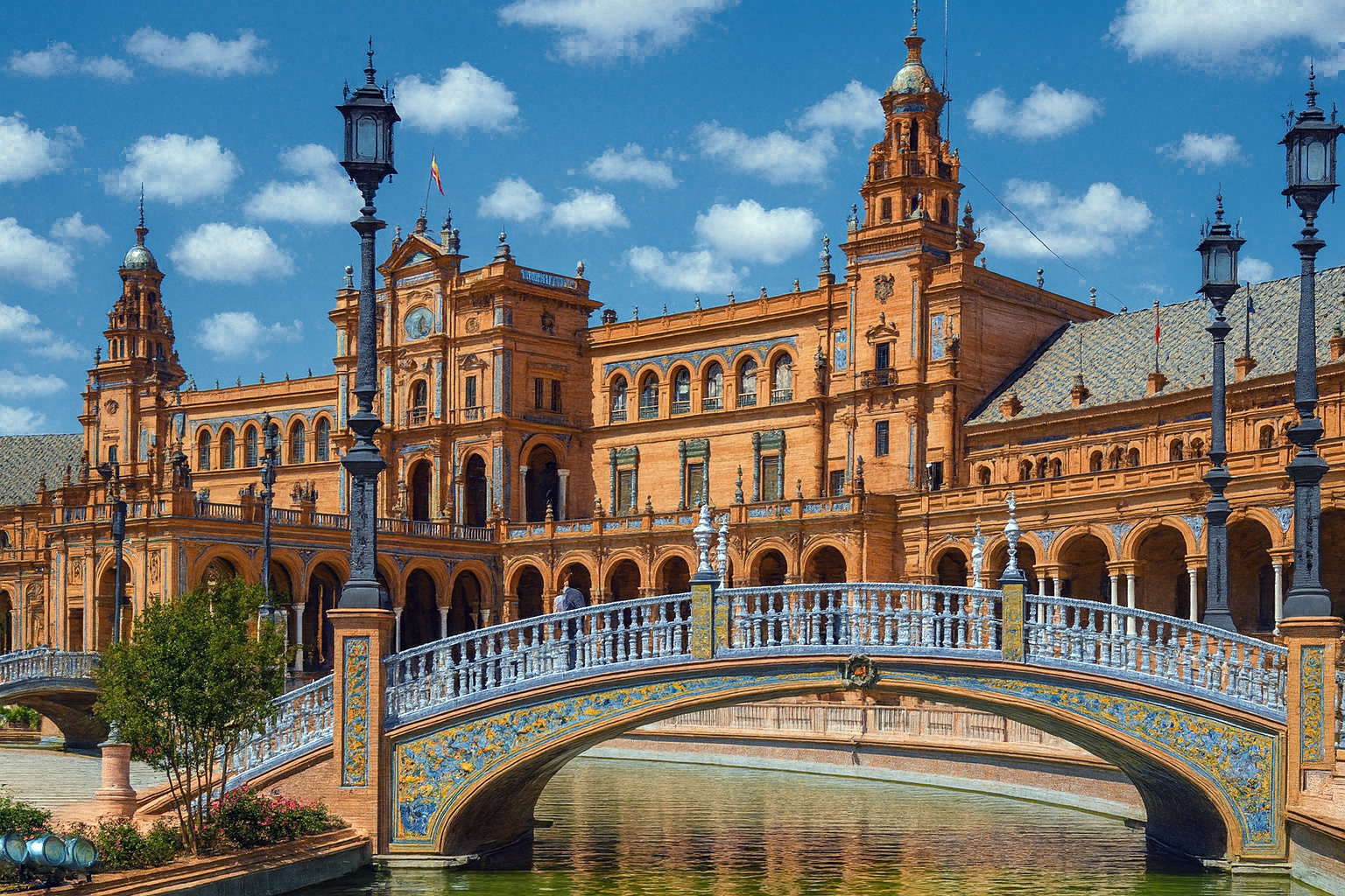 Plaza de España in Sevilla mit der farbenprächtigen Brücke, dem Wasserbecken und der historischen Backsteinarchitektur bei klarem Sonnenlicht und malerischen weiß-grauen Wolken am Himmel.