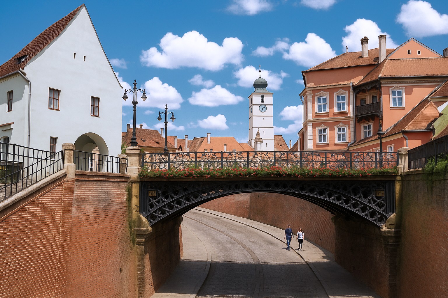 Lügenbrücke in Sibiu mit Blumenschmuck, historischen Gebäuden und Spaziergängern bei sonnigem Himmel mit weißen Wolken.