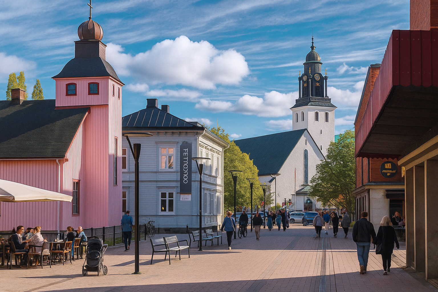 Fußgängerzone Nygatan in Skellefteå mit der weißen Sankt-Olovs-Kirche im Hintergrund, Spaziergängern und einem Straßencafé unter blauem Himmel mit weißen Wolken.