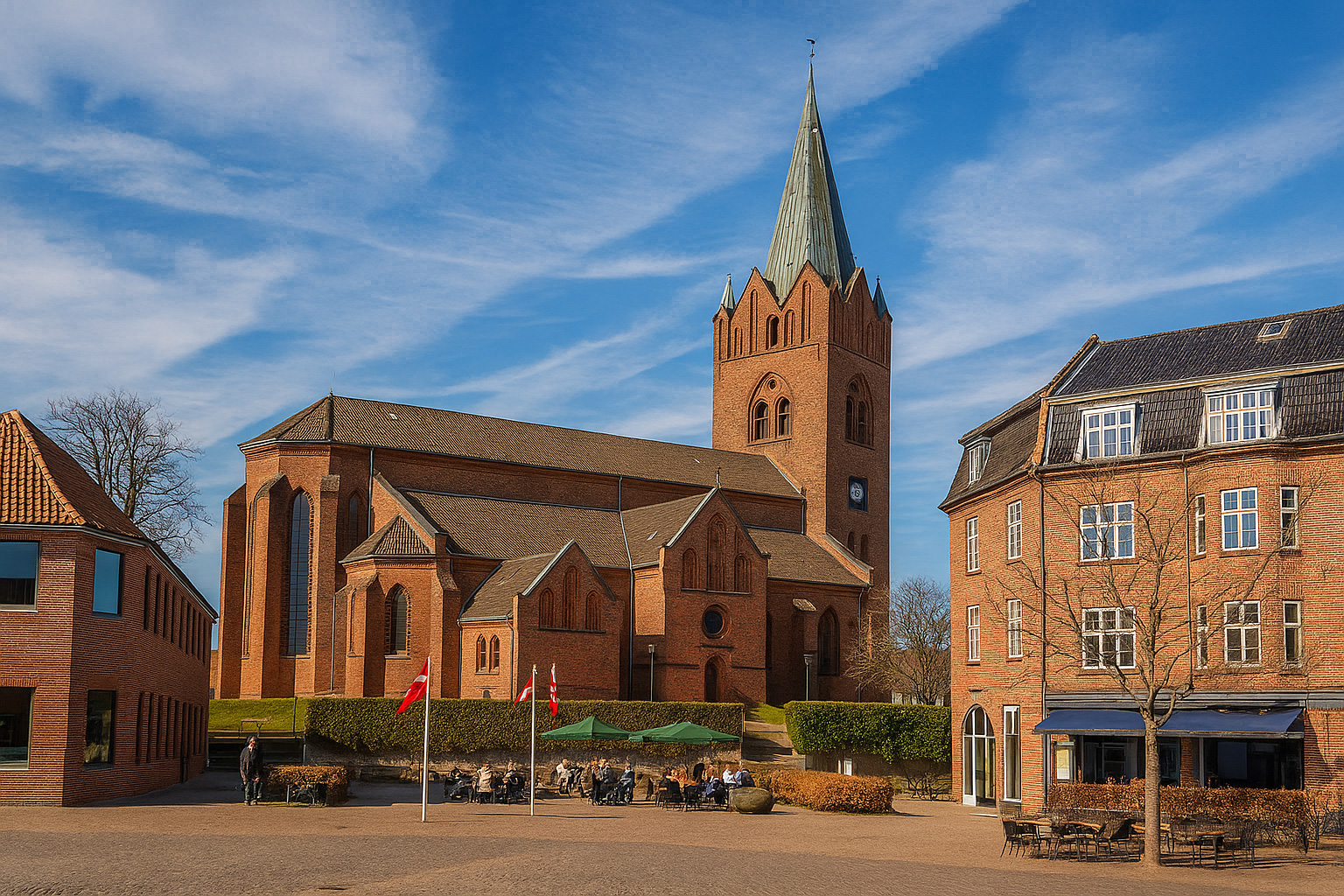 Blick auf den Nytorv Platz in Slagelse mit der Sankt Mikkels Kirche und einem Straßencafé unter einem Himmel mit Zirrus- und Kumuluswolken.