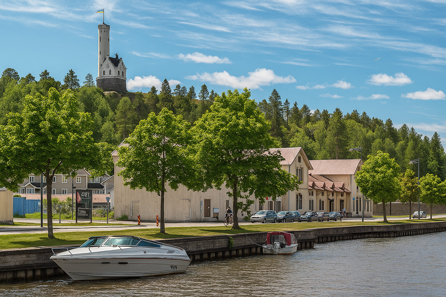 Uferpromenade in Söderhamn mit Booten am Wasser und der weißen Oscarsborg auf dem bewaldeten Hügel im Hintergrund unter blauem Himmel mit weißen Wolken.