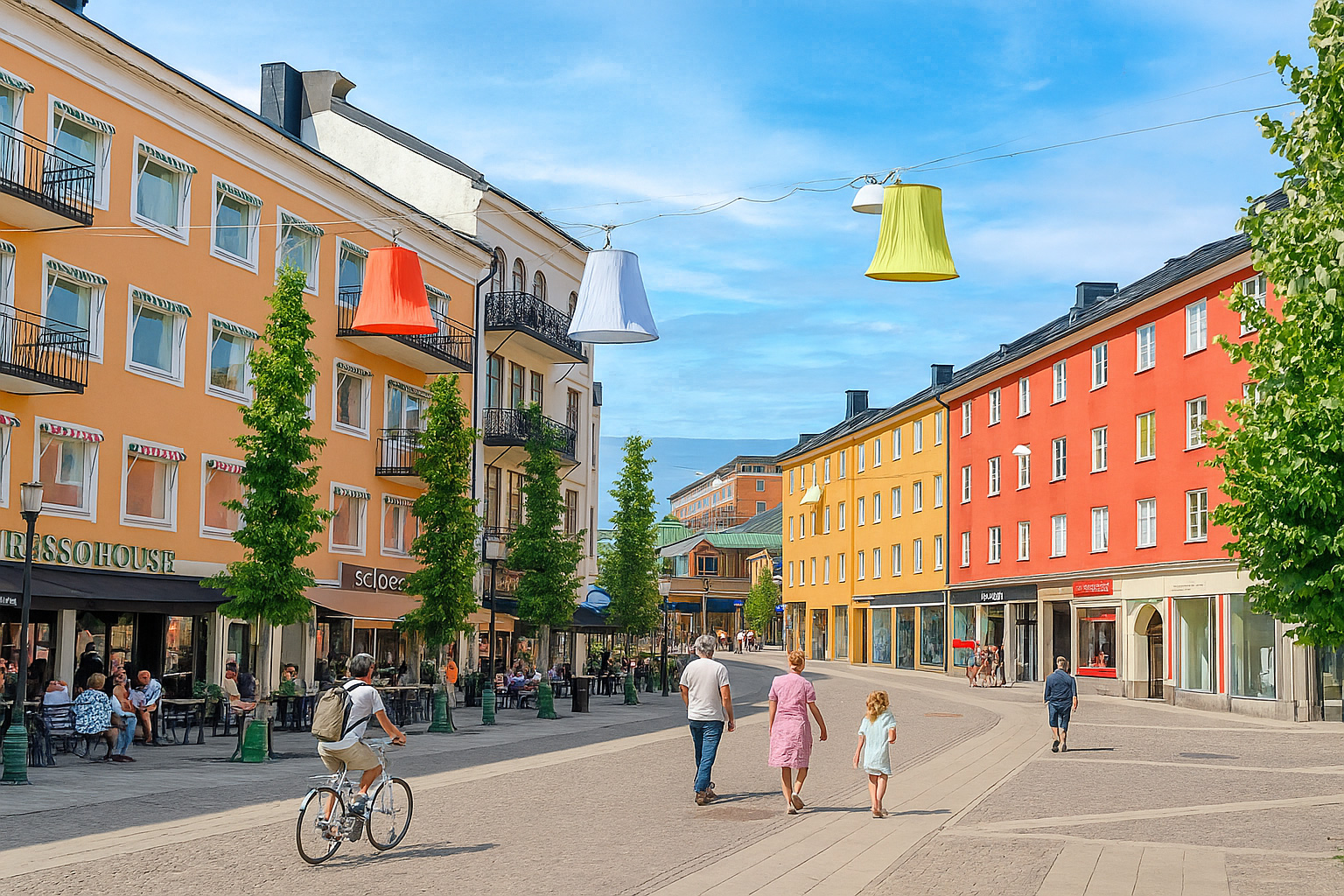 Belebte Järnagatan Fußgängerzone in Södertälje mit bunten Häusern, Straßencafés und Passanten unter einem Himmel mit Zirrus- und Kumuluswolken.