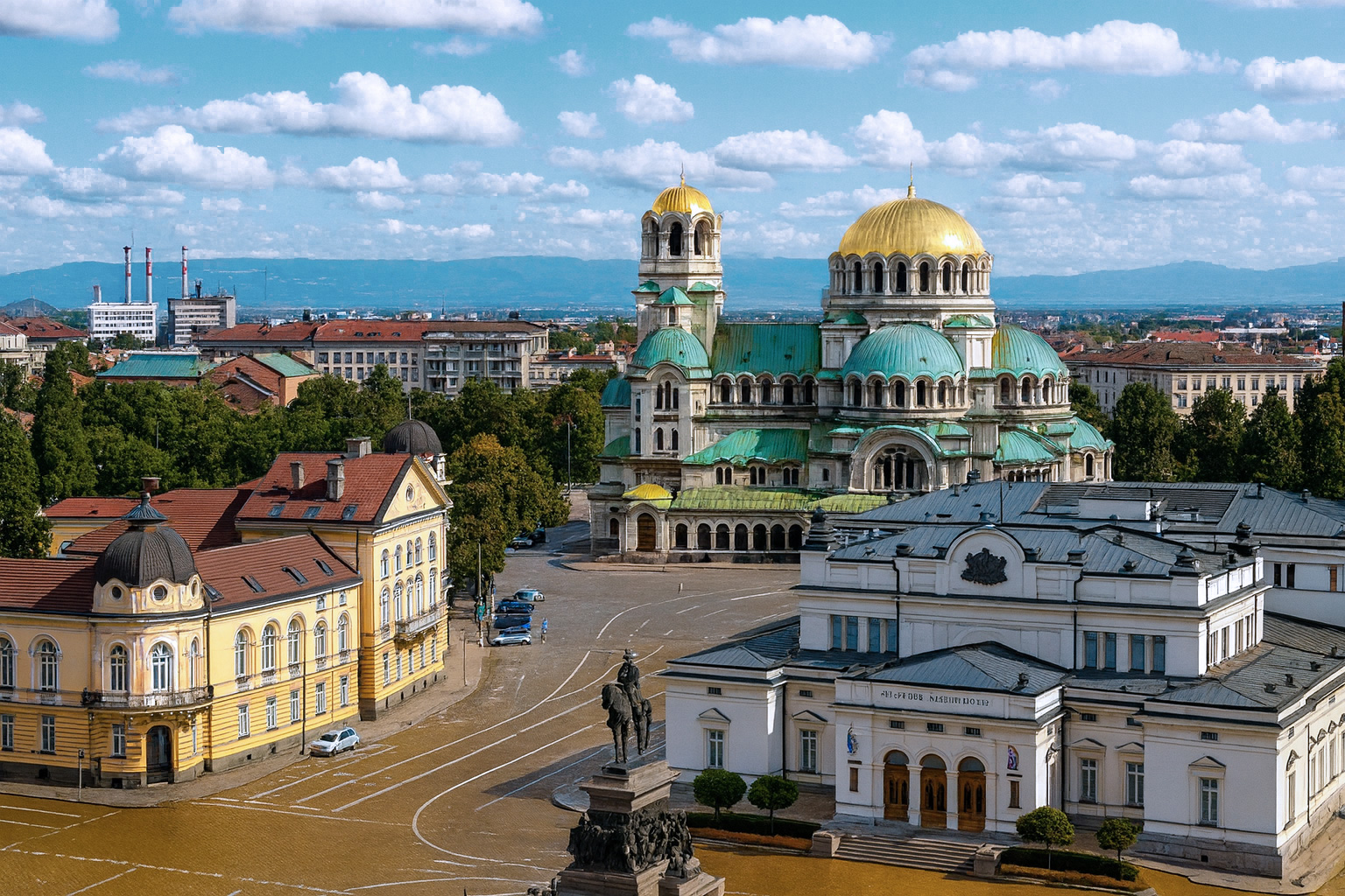 Panorama der Nationalversammlung in Sofia mit der Alexander-Newski-Kathedrale im Hintergrund bei bestem Tageslicht, blauem Himmel mit weißen Wolken und weiter gepflastertem Vorplatz.