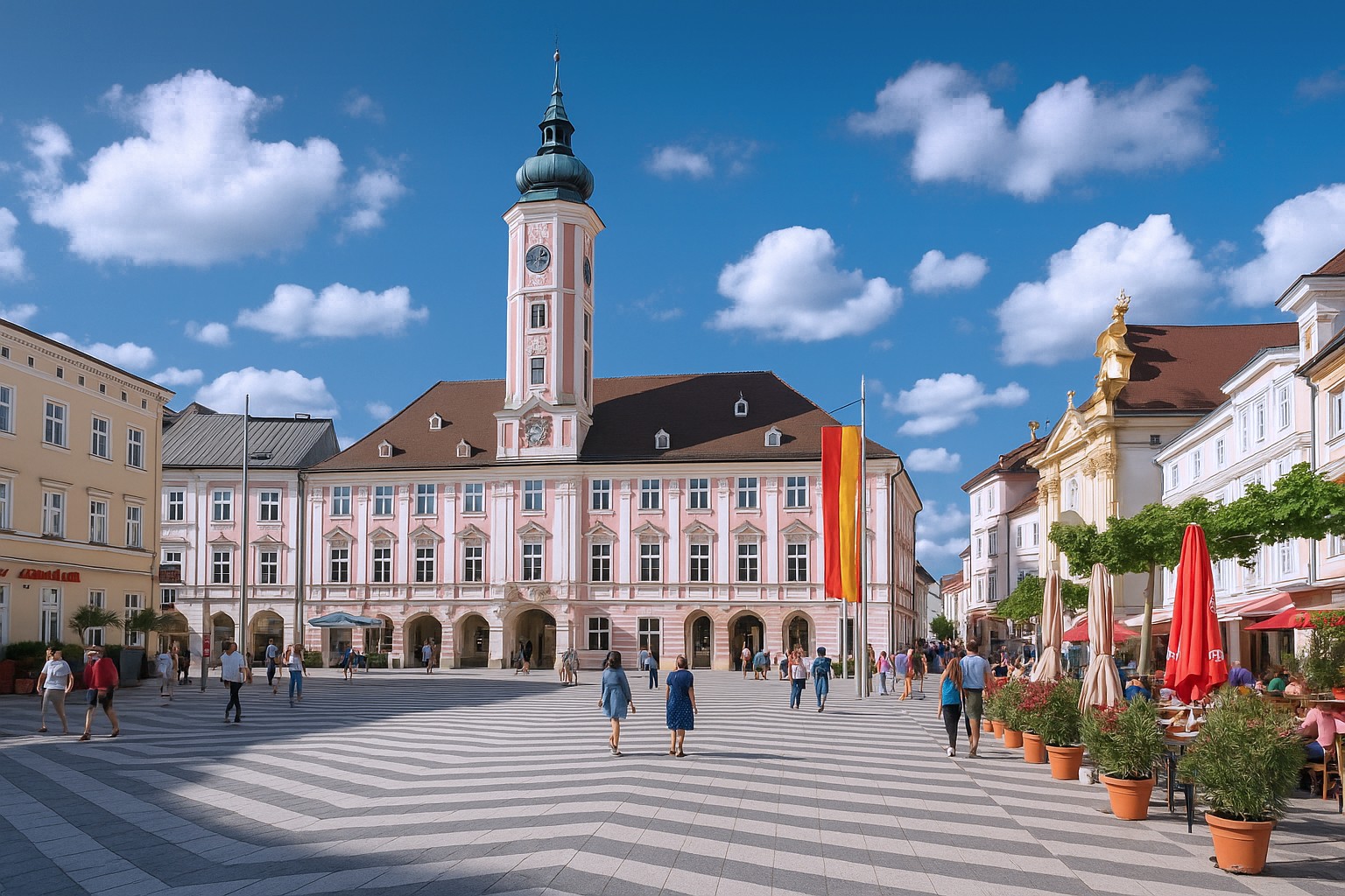 Rathausplatz in St. Pölten mit dem historischen Rathaus, blauem Himmel mit weißen Wolken, Spaziergängern und Straßencafés.