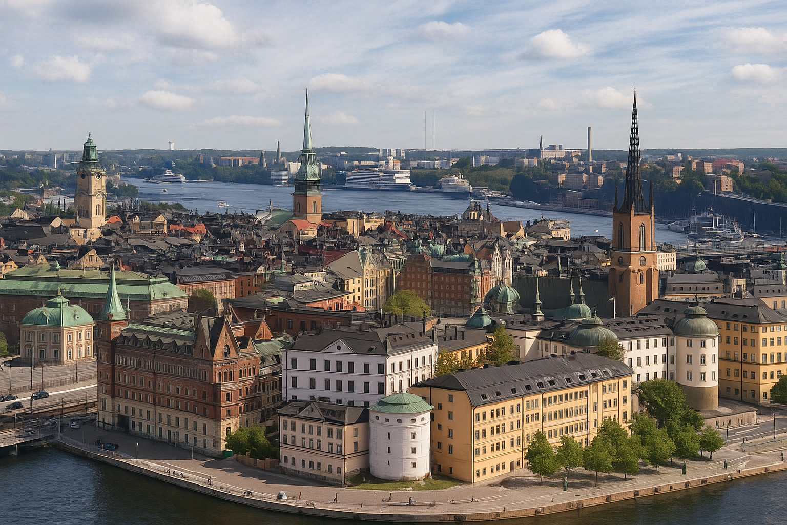 Panoramaaufnahme der Altstadt von Stockholm mit Blick auf die historischen Gebäude, Kirchtürme und die Wasserfront unter einem Himmel mit Zirrus- und Kumuluswolken.