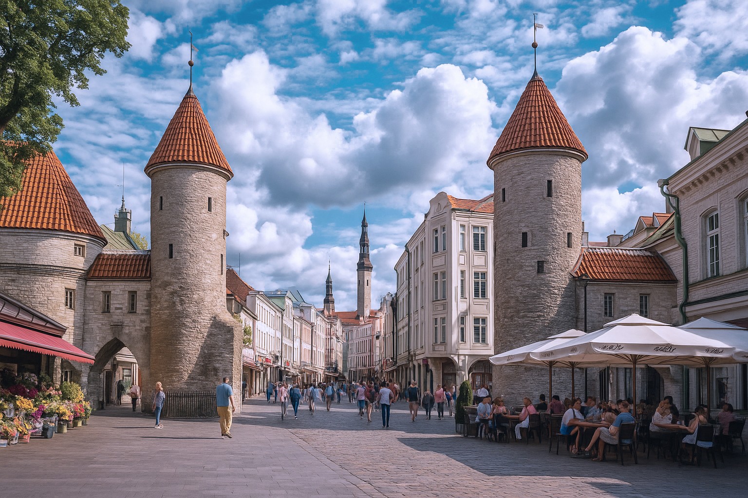 Viru-Tor in Tallinns Altstadt mit roten Dächern, Blumenmarkt links, Straßencafé rechts und Spaziergängern unter malerischem Himmel.