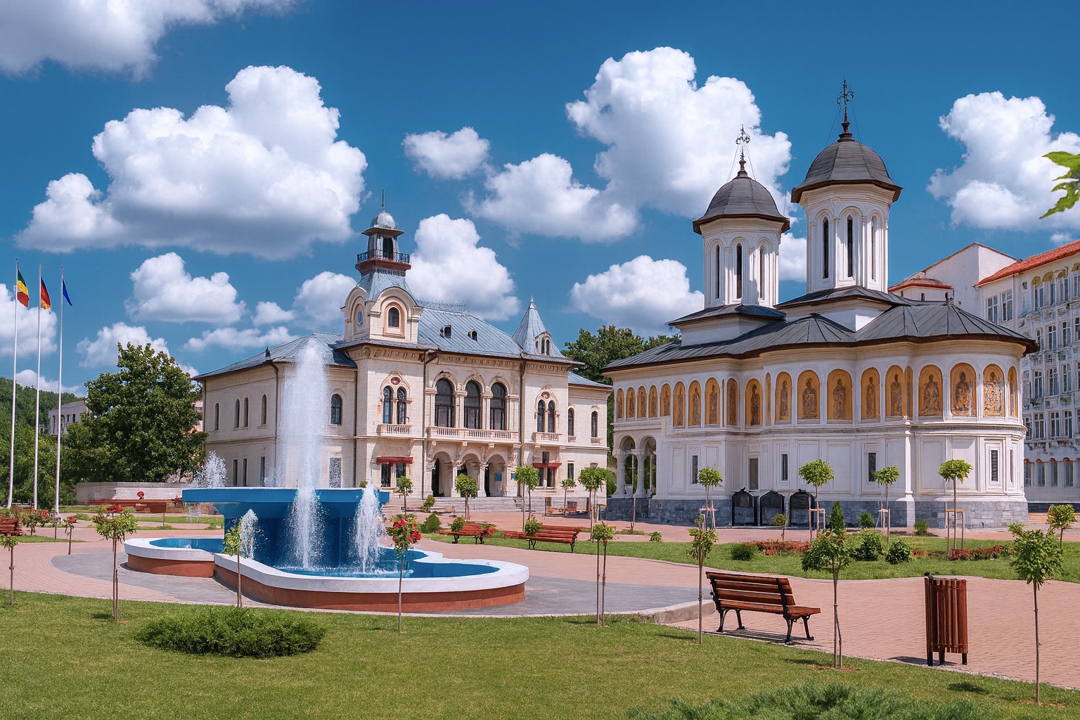 Sfinții Voievozi Kathedrale in Târgu Jiu bei bestem Tageslicht mit blauem Himmel, großen weißen Wolken, Springbrunnen und gepflegtem Stadtpark.