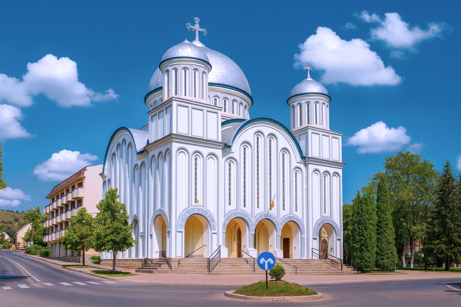 Orthodoxe Kathedrale in Târnăveni, Rumänien, mit weißen Kuppeln und klarer Architektur bei blauem Himmel und sommerlichem Grün.