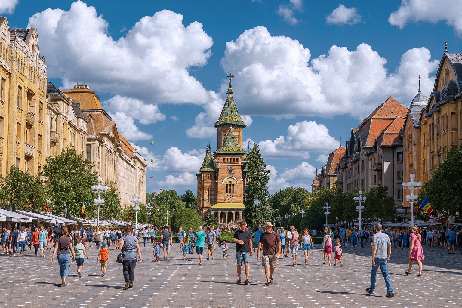Piața Victoriei in Timișoara mit der Orthodoxen Kathedrale im Hintergrund, belebte Fußgängerzone mit historischen Gebäuden und weißen Wolken am blauen Himmel.